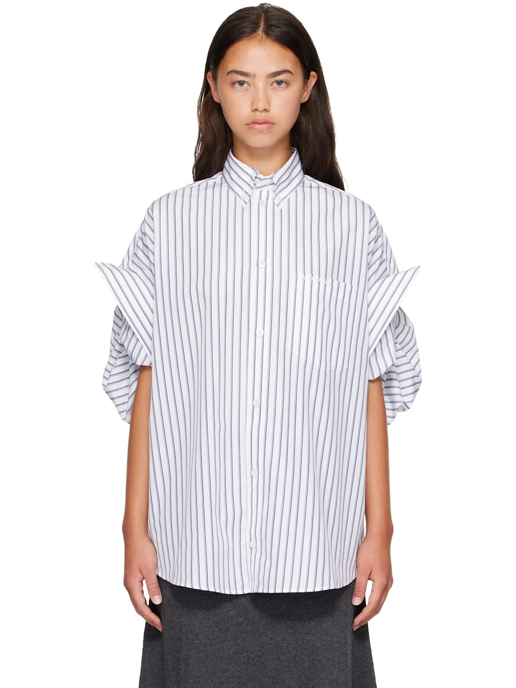 White & Blue Tucked Sleeve Shirt - 1