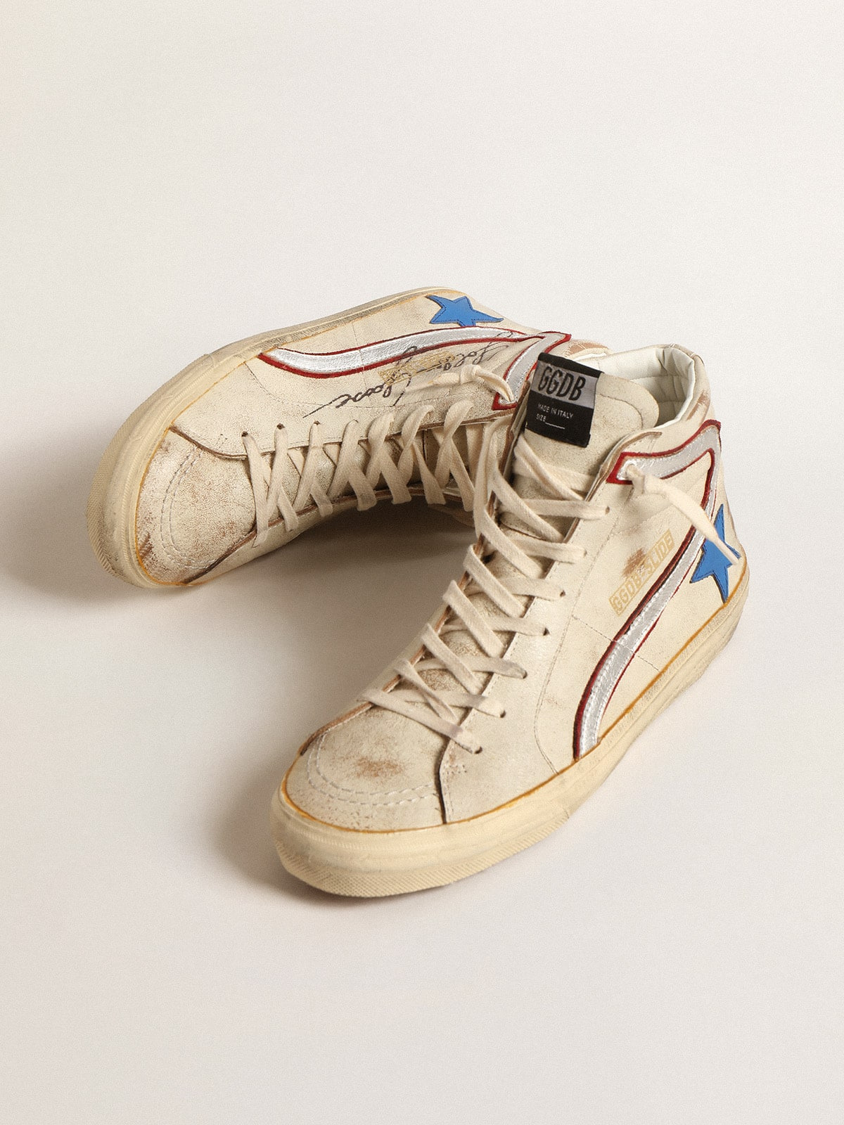 Slide LTD in ecru with bright blue star and silver leather flash - 2