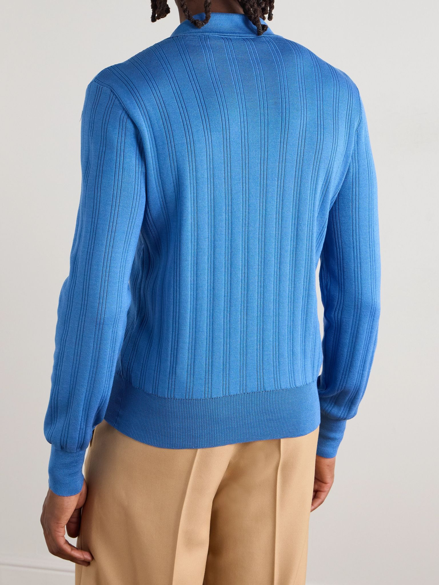 Ribbed Cotton Polo Shirt Blue - 3