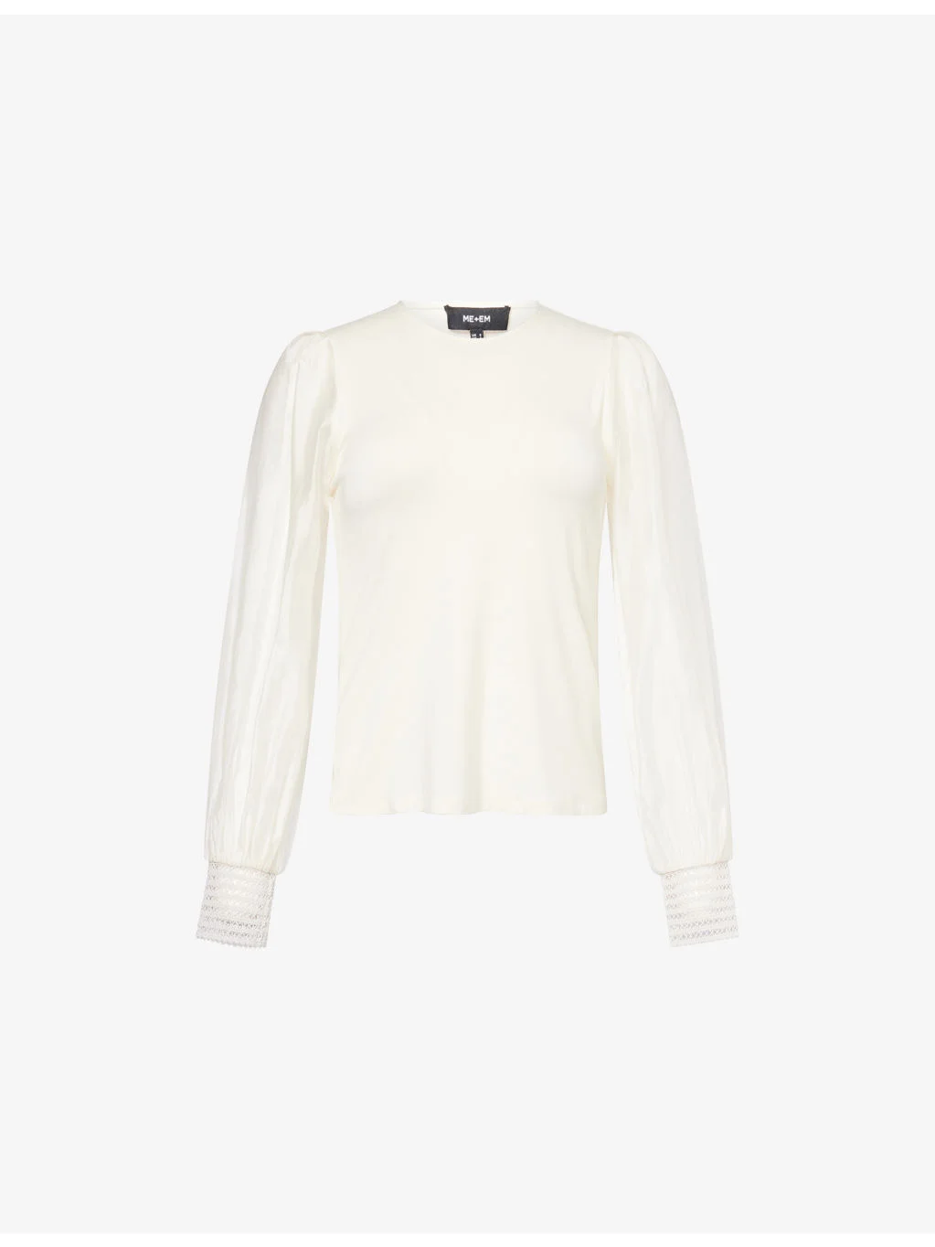 Feature-Cuff Round-Neck Stretch-Woven Blouse - 1