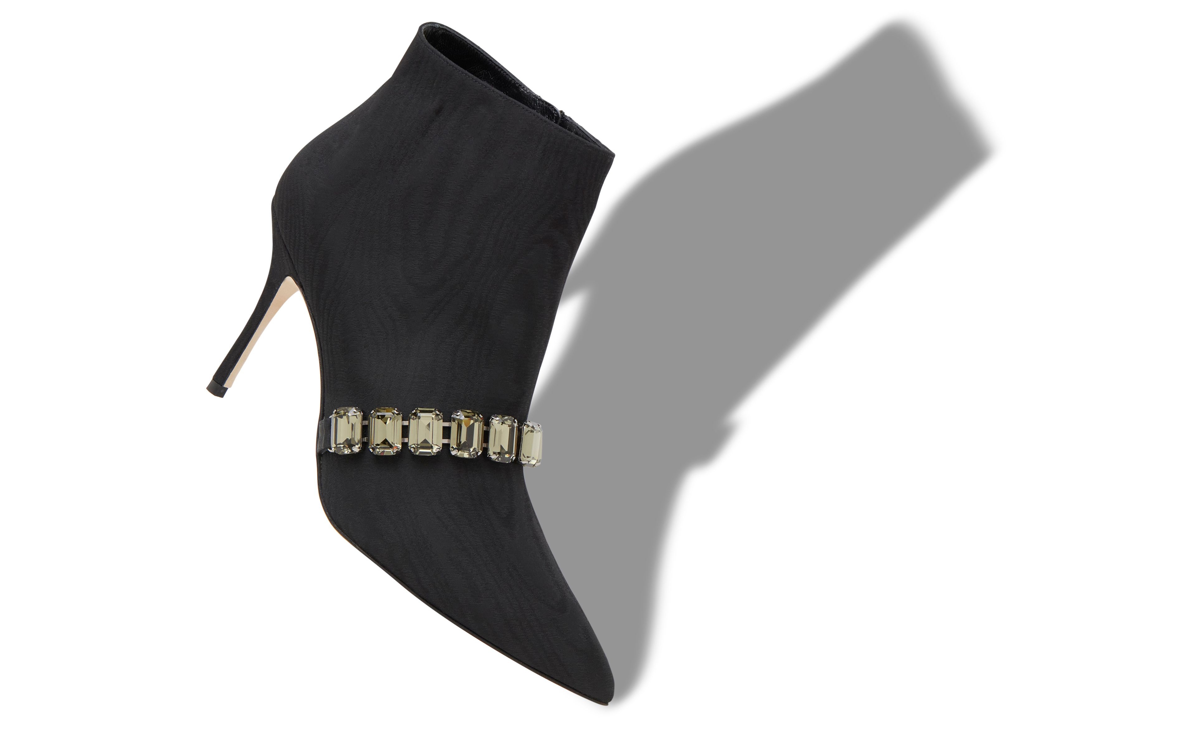 Black Moire Jewel Strap Ankle Boots - 2