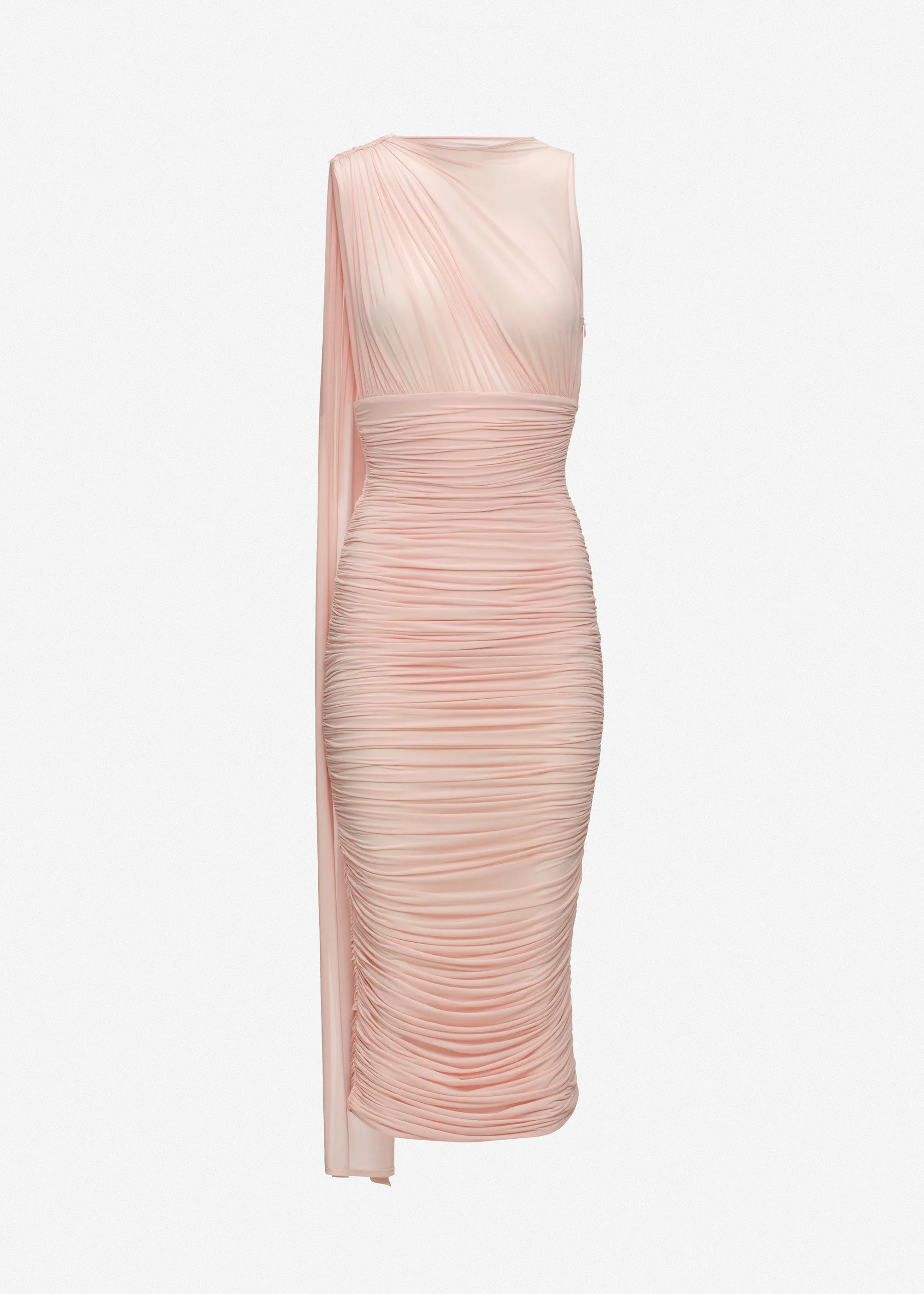 Asymmetric draped midi dress with scarf detail in pink - 1
