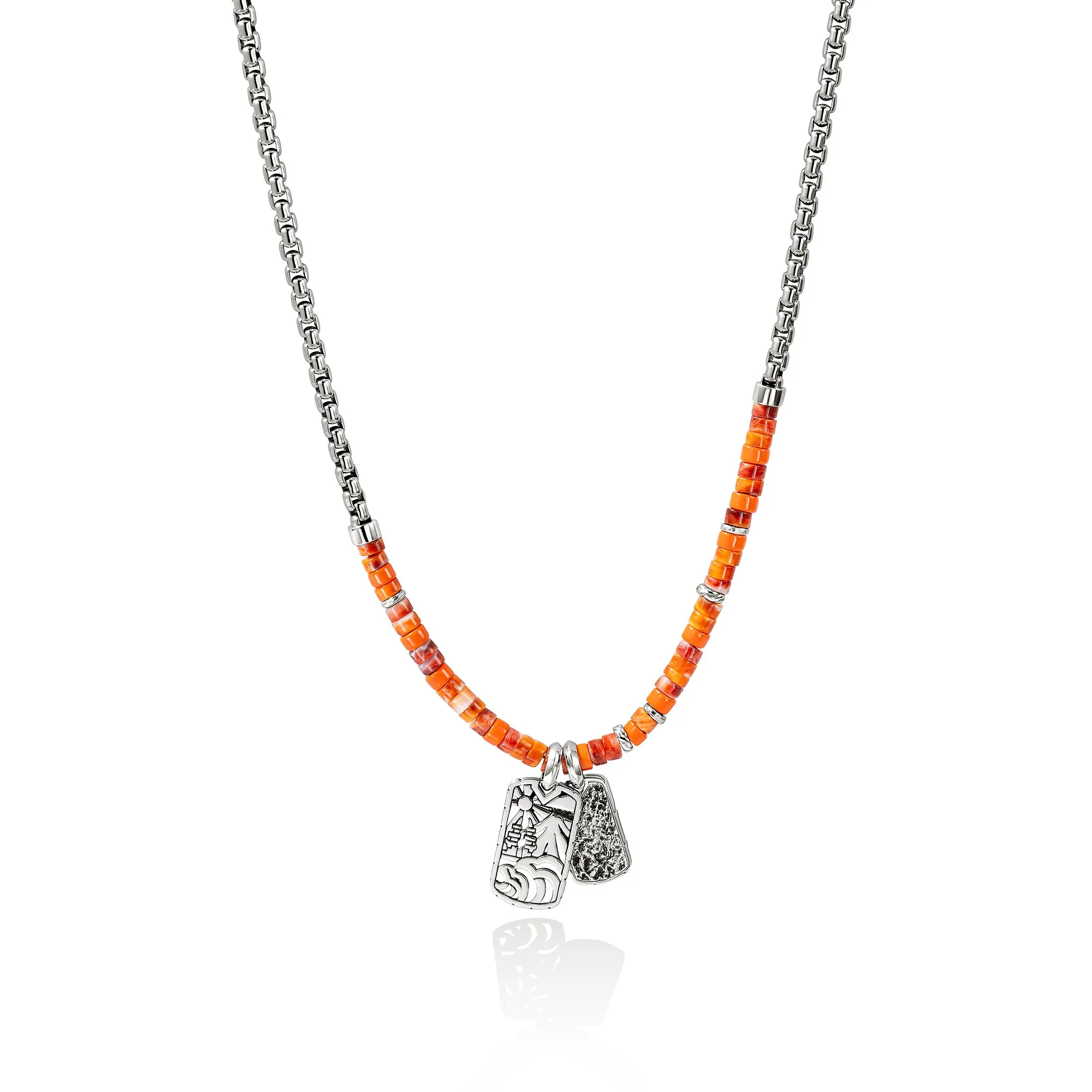 Heishi Tag Necklace, Sterling Silver, Spiny Oyster Shells - 1