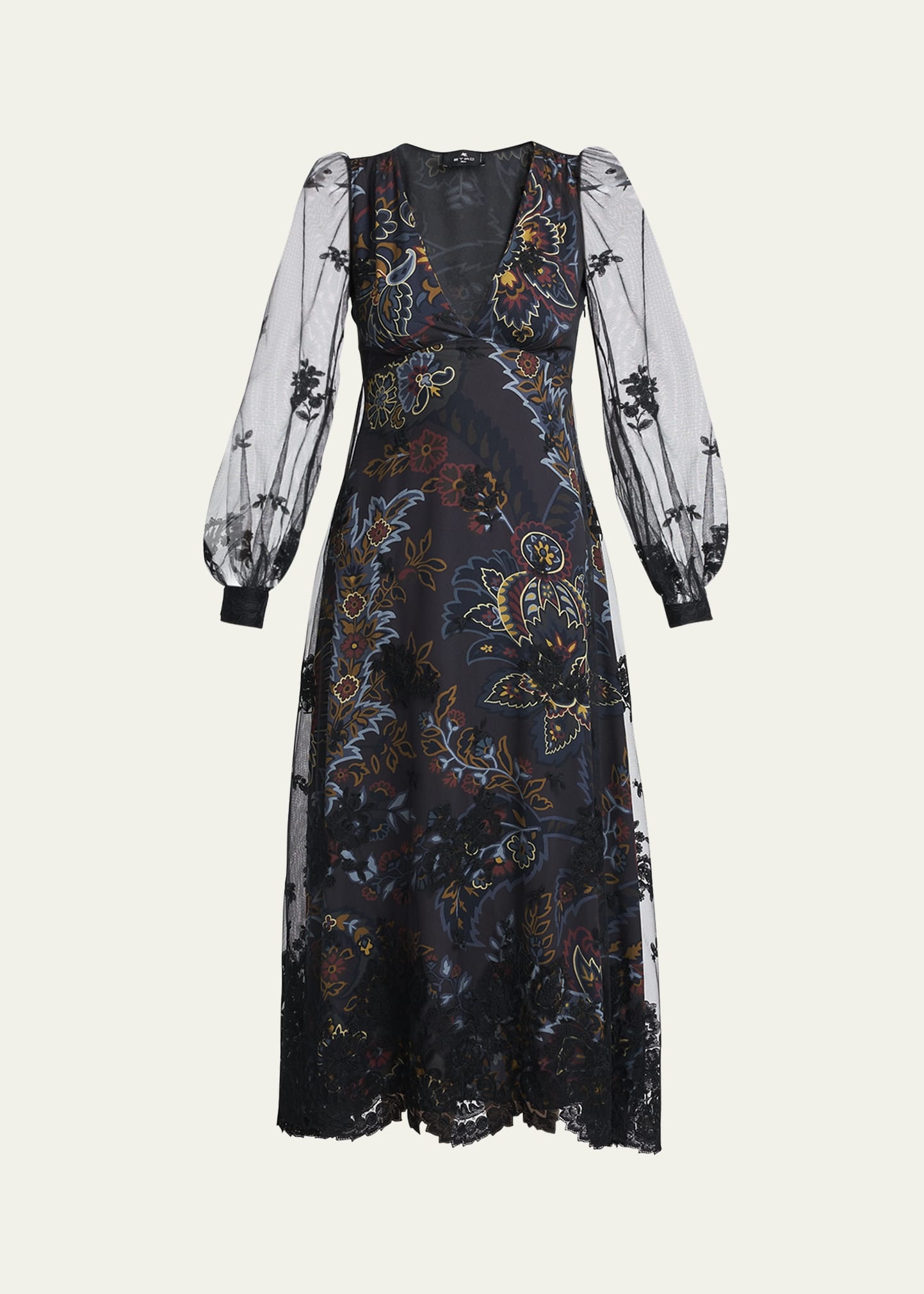 Printed Floral Embroidered Balloon Sleeve Midi Dress - 1