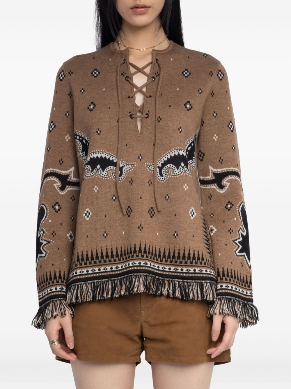 lace-up skull-print sweater - 4