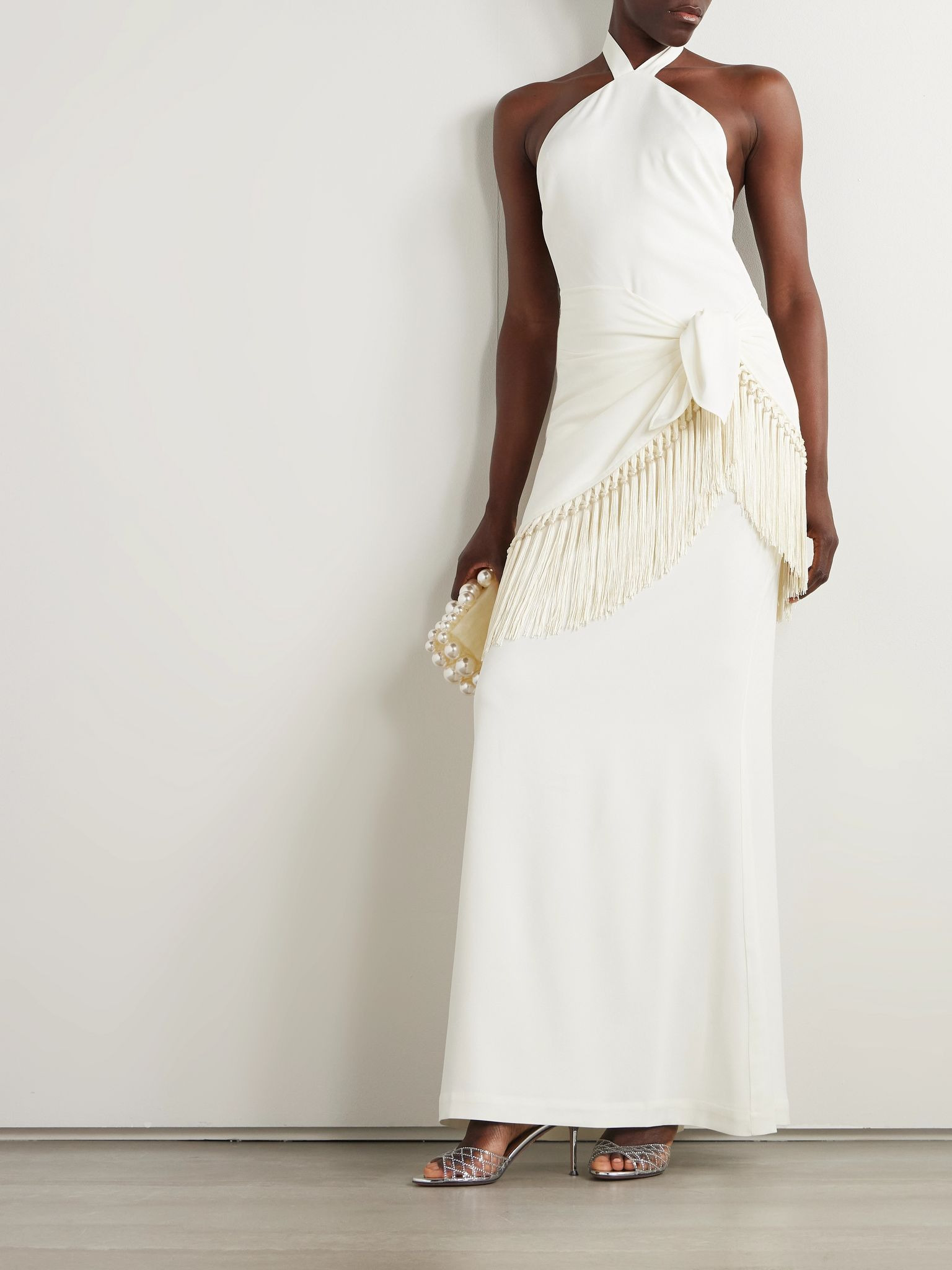 Meteora tasseled layered crepe halterneck gown Cream - 2
