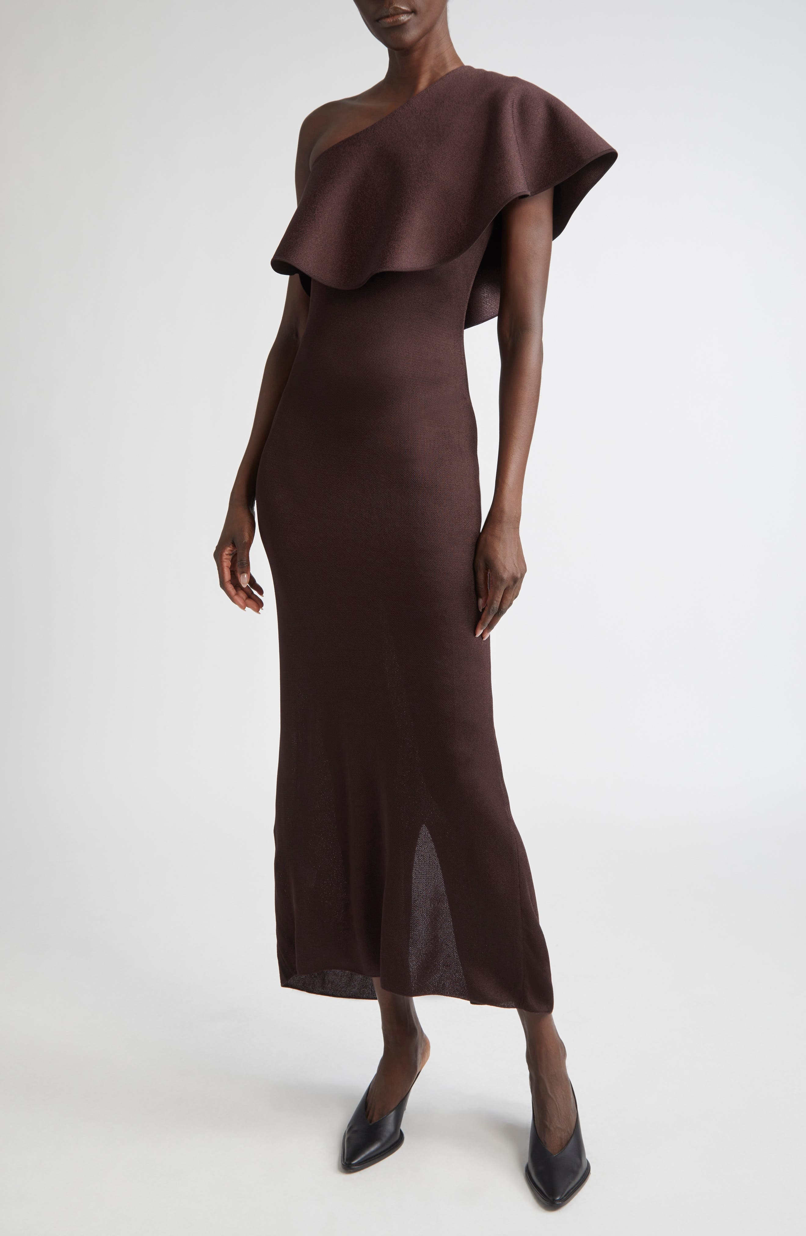 Altuzarra Vivi Knit Dress with Satin Ruffle in Charred Oak at Nordstrom - 1