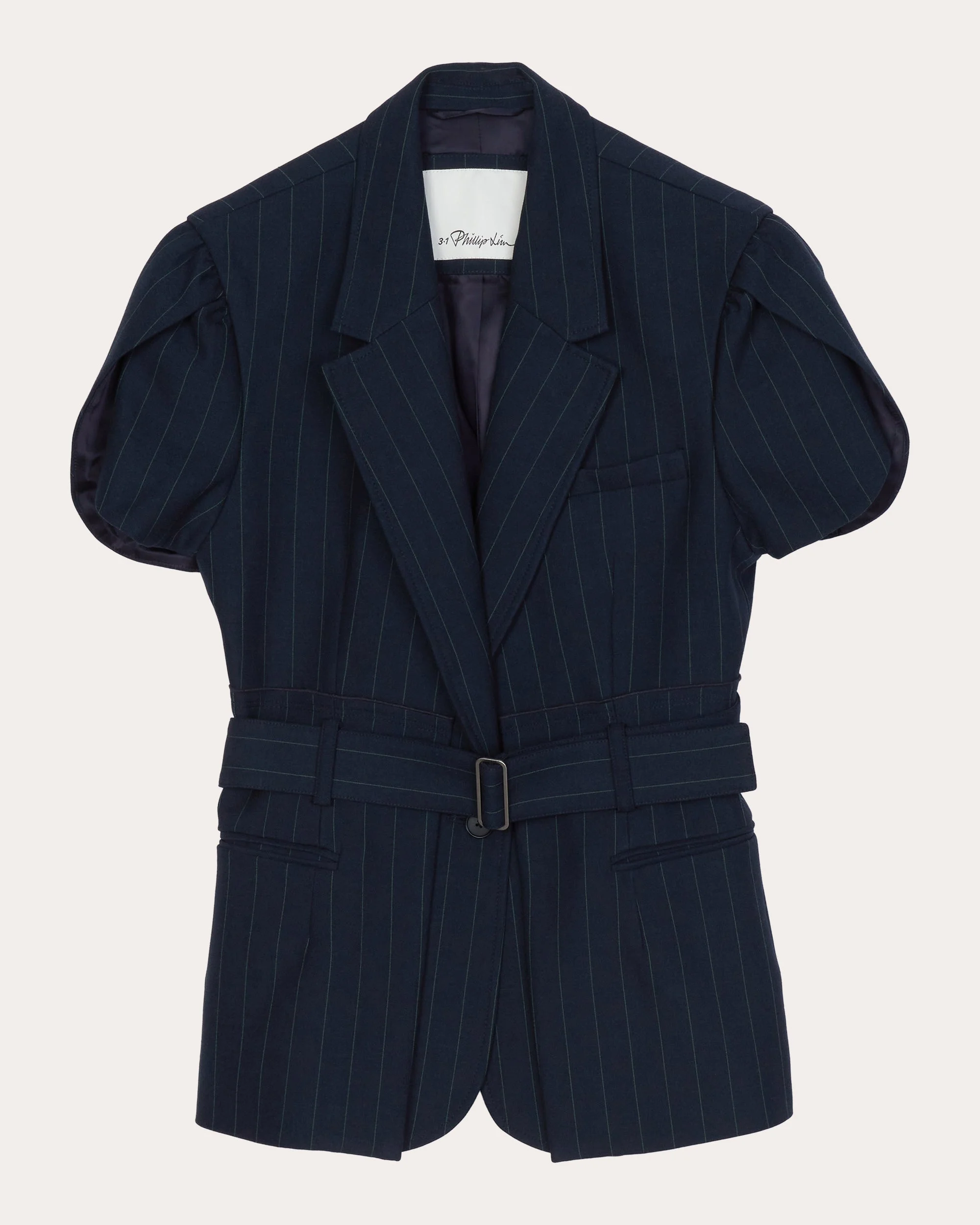 Pinstripe Tulip-Sleeve Belted Blazer - 1
