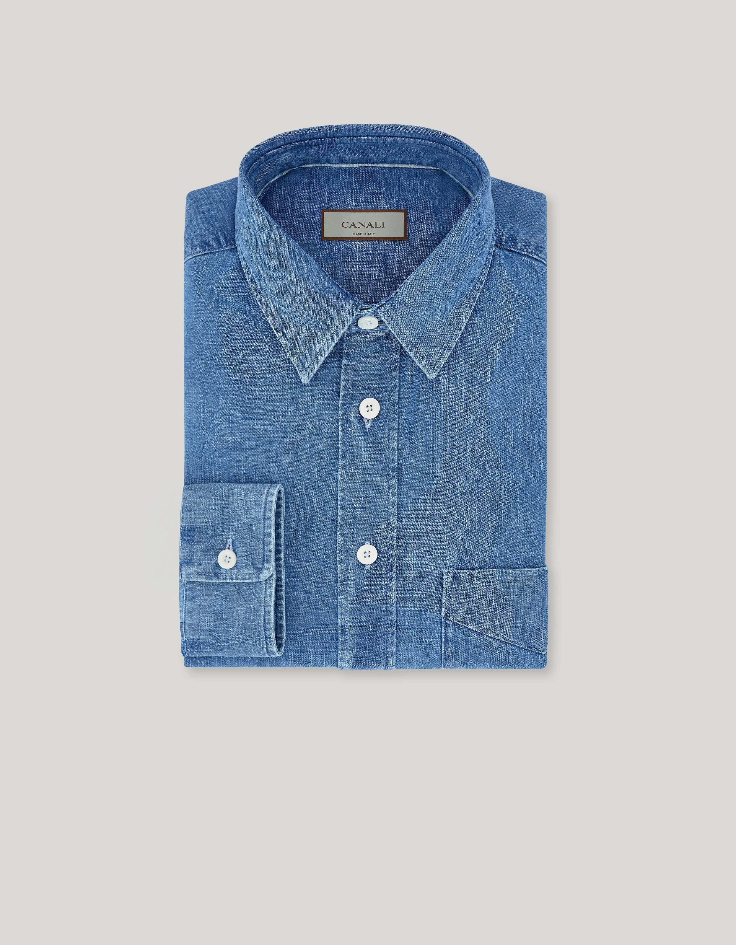 LIGHT BLUE STONEWASHED COTTON DENIM RELAXED-FIT SHIRT - 1