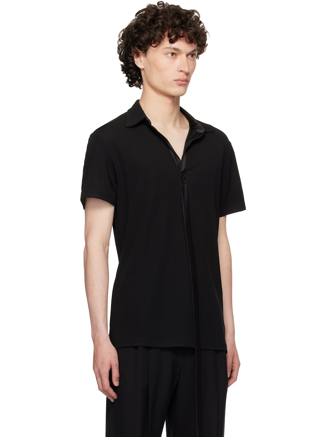 Black Satin Strip Viscose Polo - 2