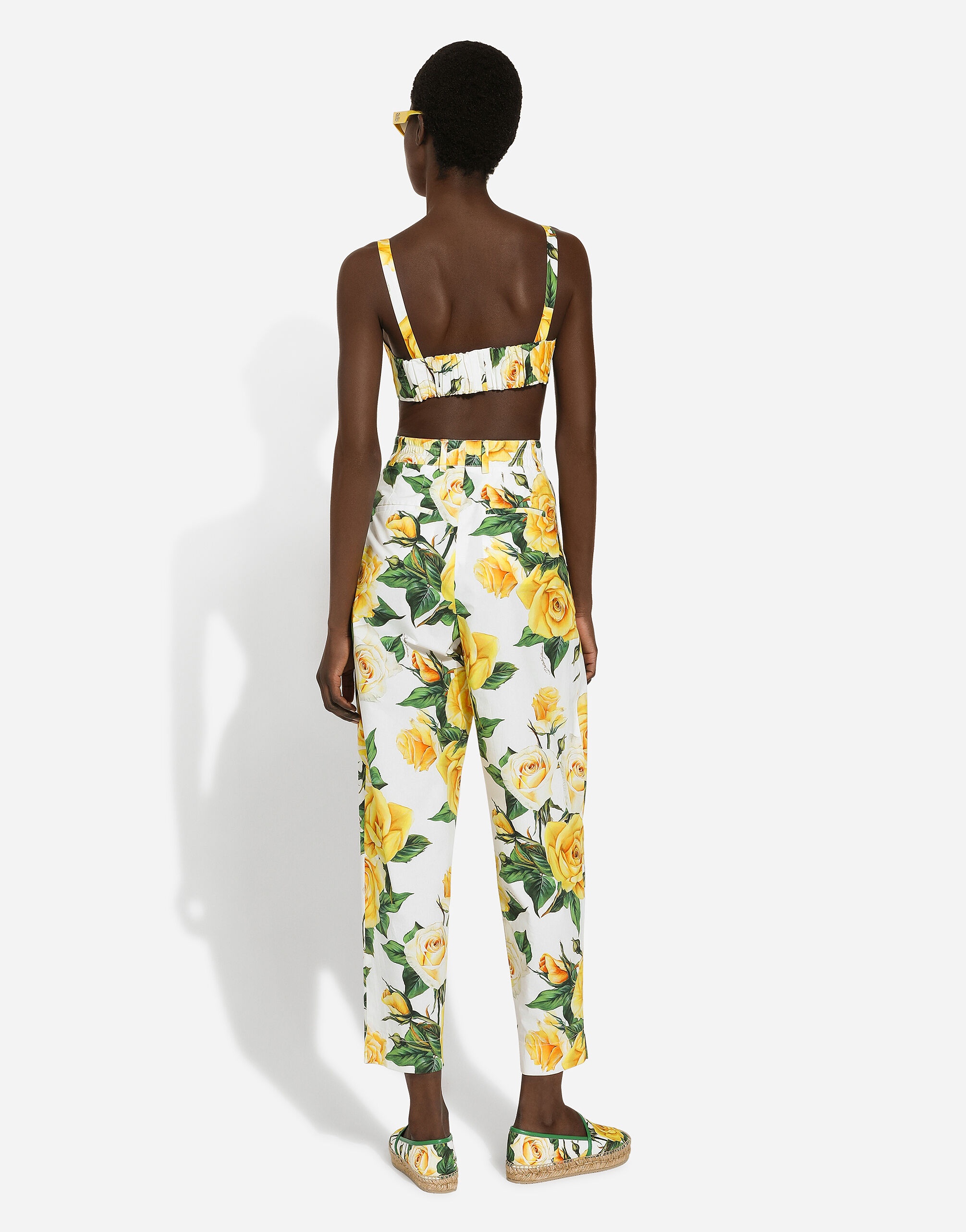 High-waisted cotton pants with yellow rose print - 3