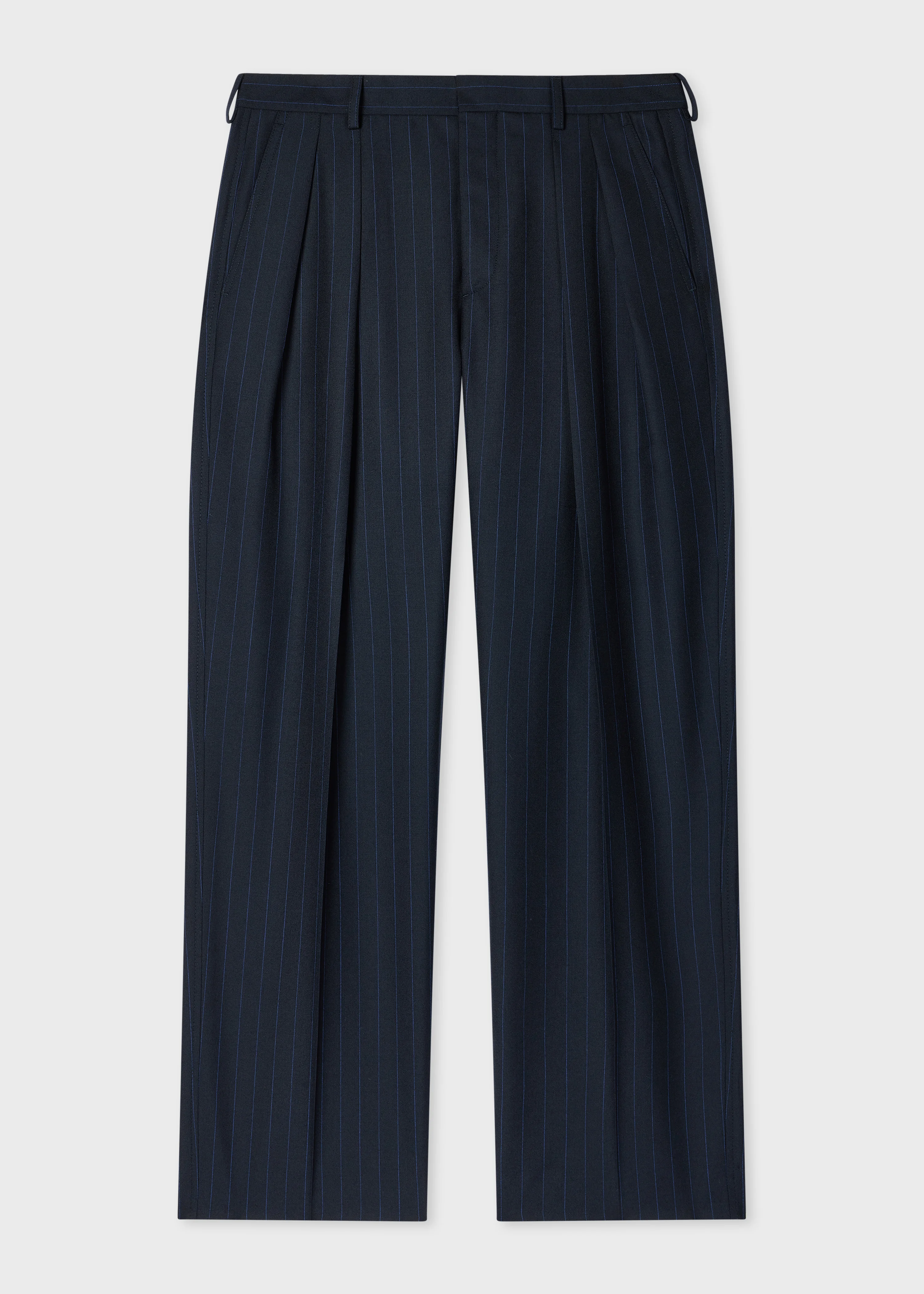 Navy Pinstripe Wool Pleated Trousers - 1
