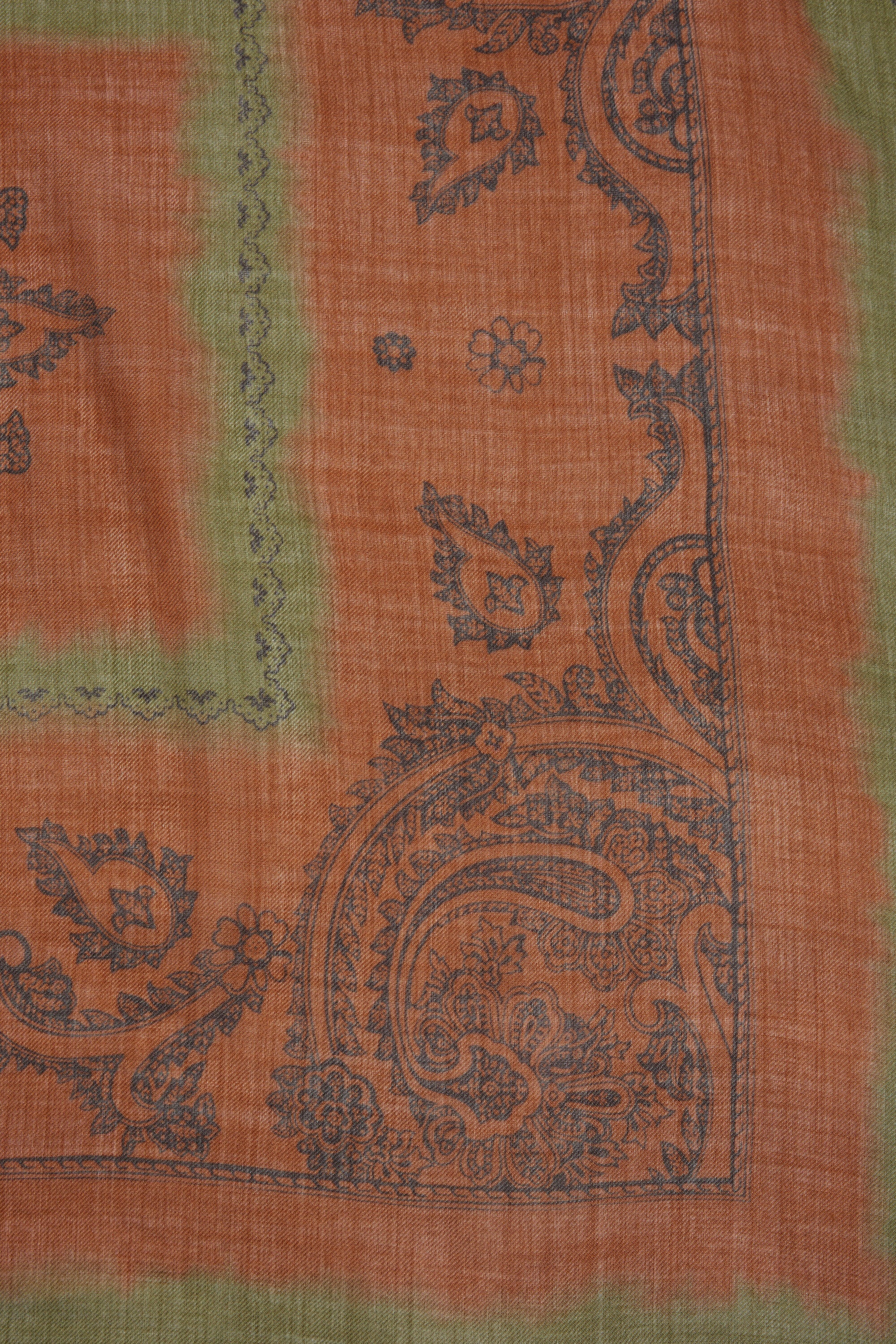 Print light wool scarf - Khaki green/rust orange - 5