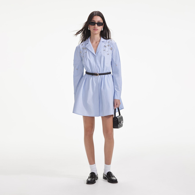 Blue Cotton Embellished Mini Dress - 1
