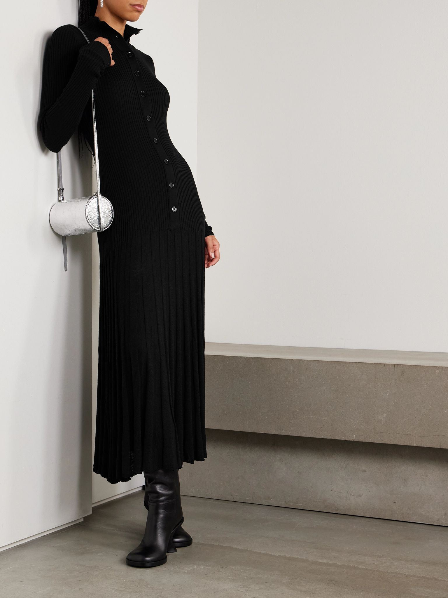 Jada pleated ribbed-knit wool maxi dress Black - 2