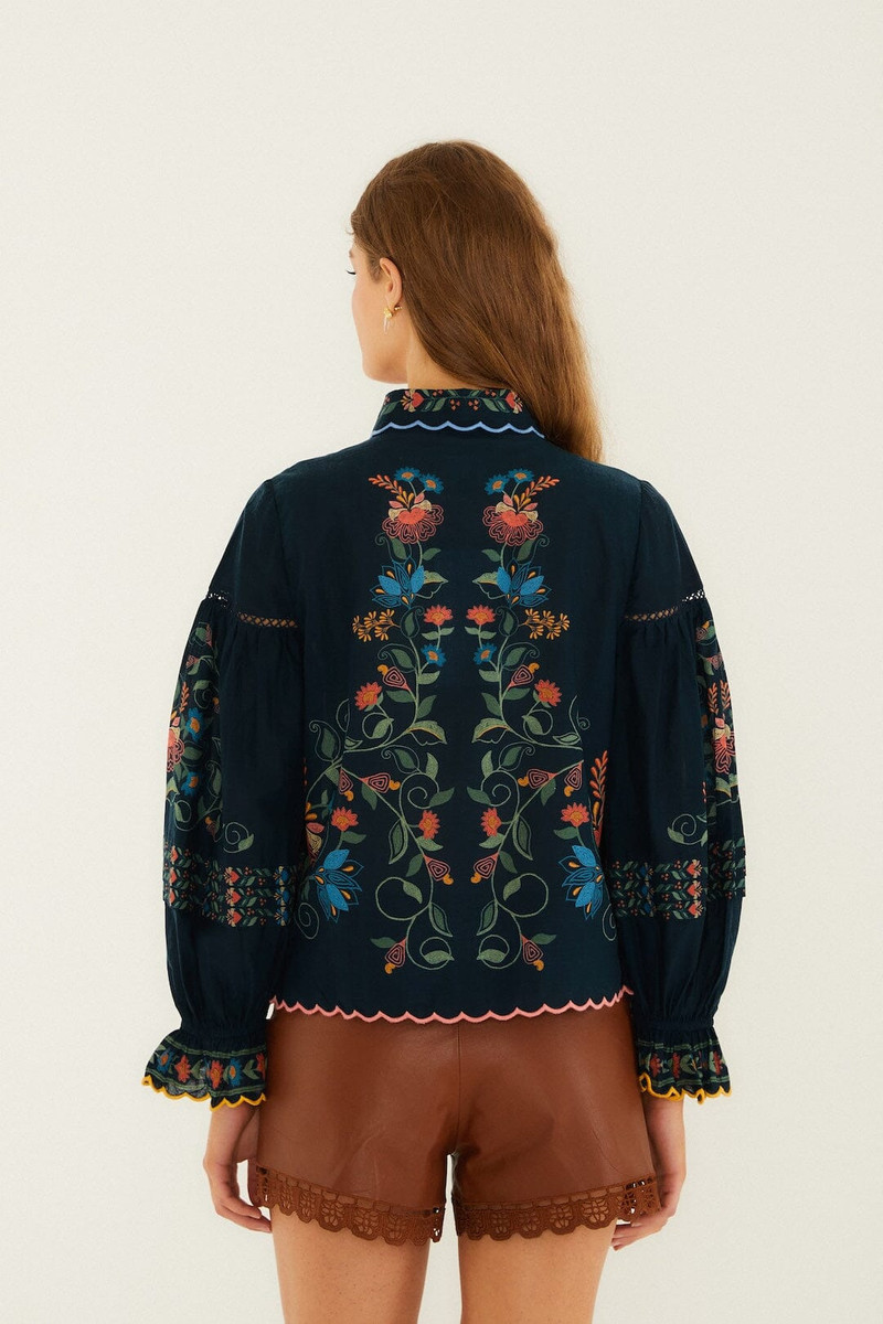Navy Blue Stitched Garden Wavy Hem Blouse 3