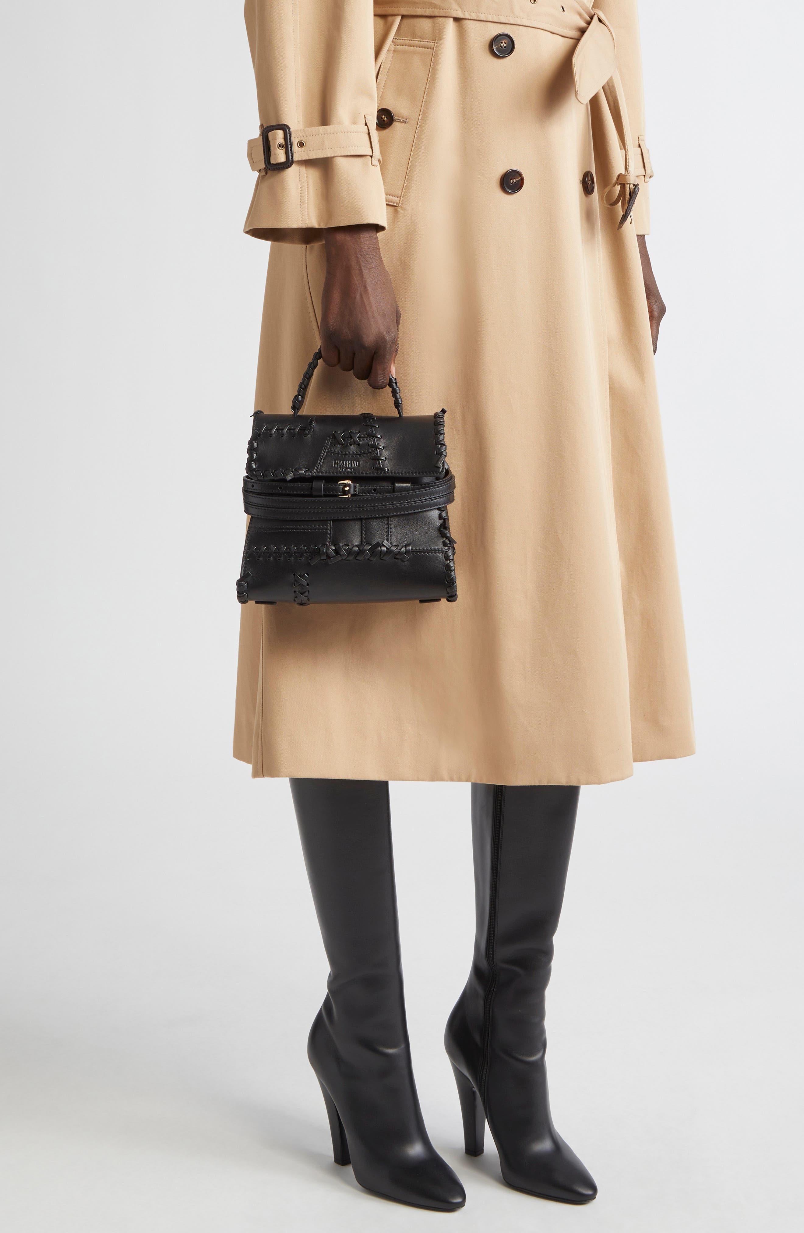 Moschino Tie Me Whipstitch Leather Shoulder Bag in Black Soft Leather at Nordstrom - 2