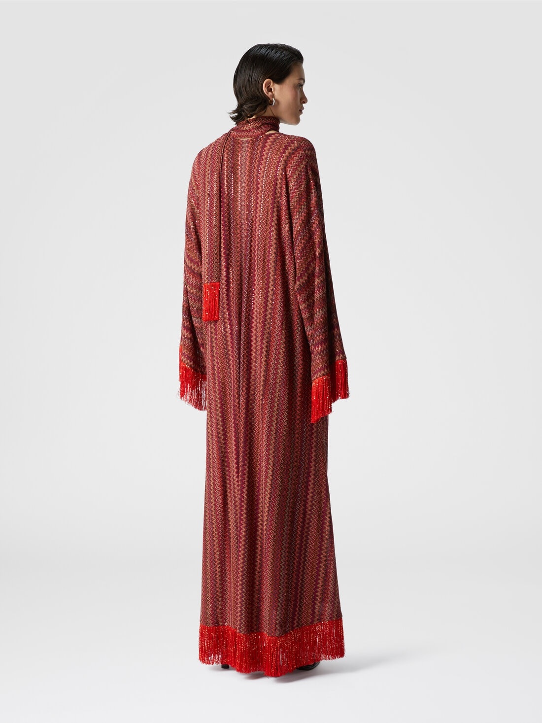 Zigzag kaftan with sequins and V-neck and removable scarf with fringes - 3