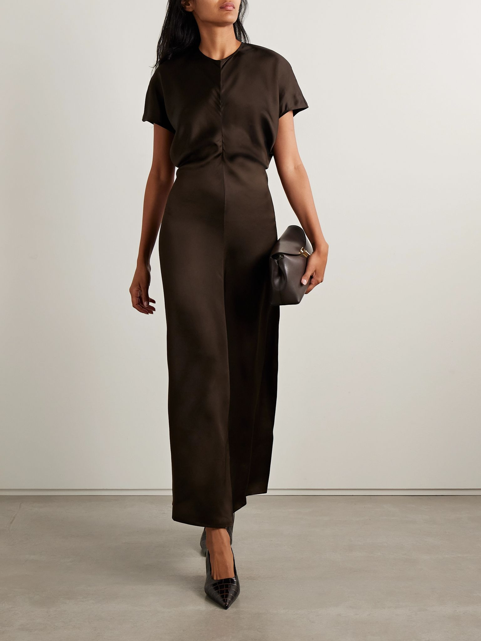 Draped satin maxi dress Brown - 2