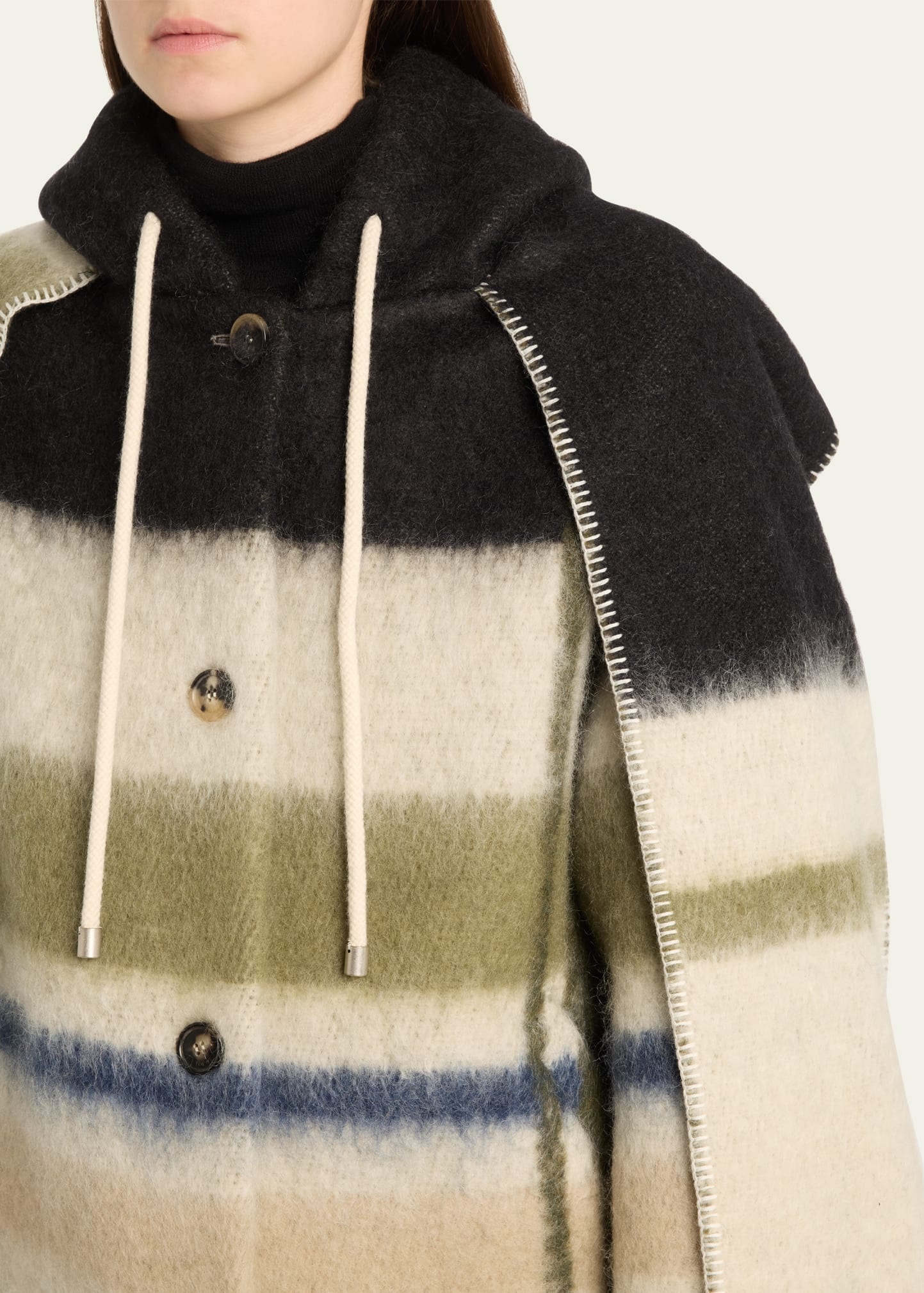 Stripe Hooded Mohair Wool Scarf Coat - 5