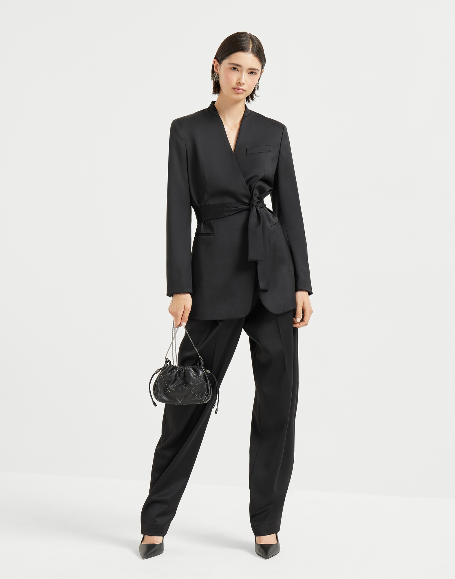 Virgin wool stretch satin slouchy trousers with monili - 4