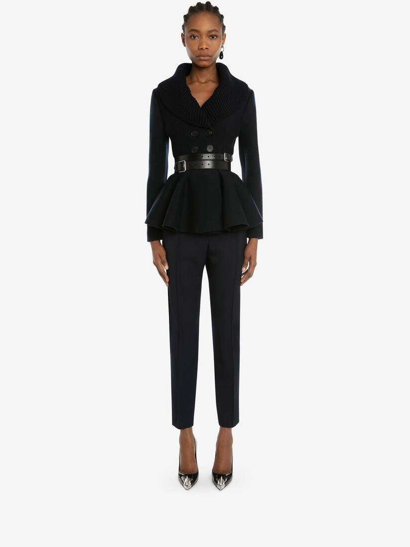 Double-breasted Peplum Knit Jacket in Navy - 2