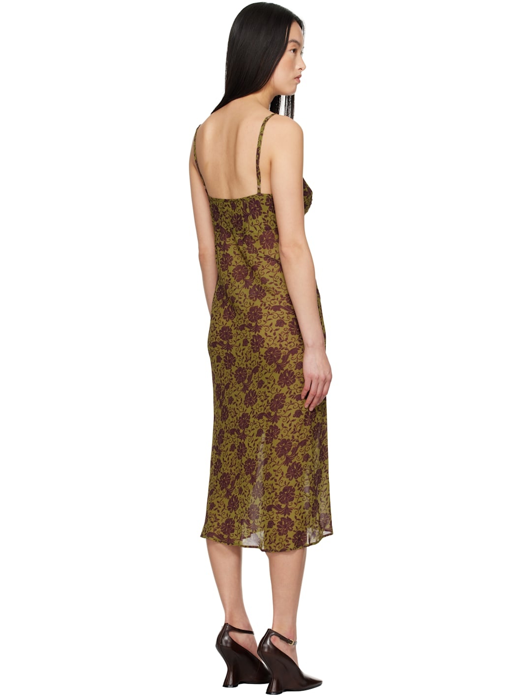Khaki & Burgundy Printed Midi Dress - 3
