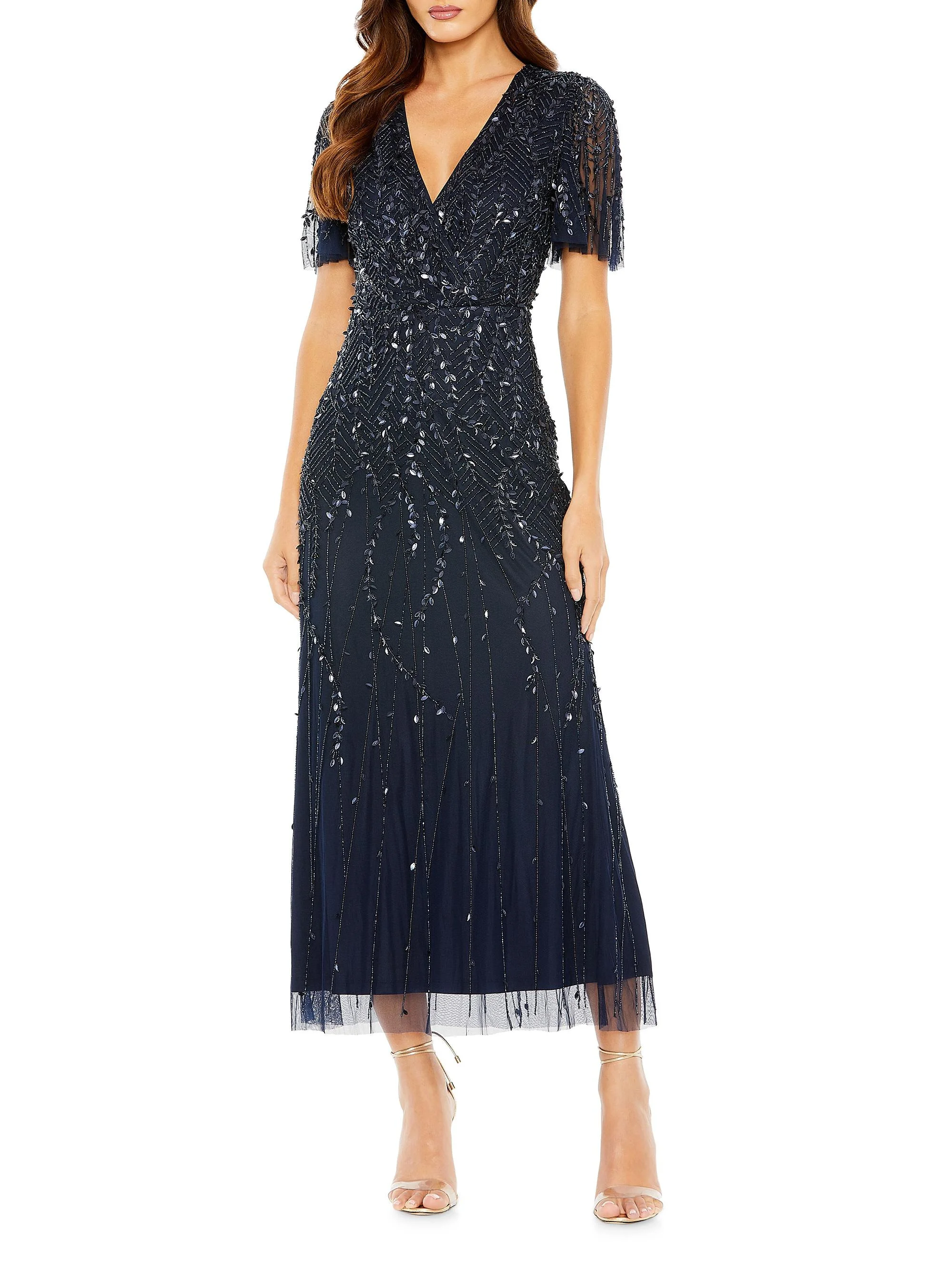 Women's Beaded Sheath Short-Sleeve Midi-Dress - Midnight - 1