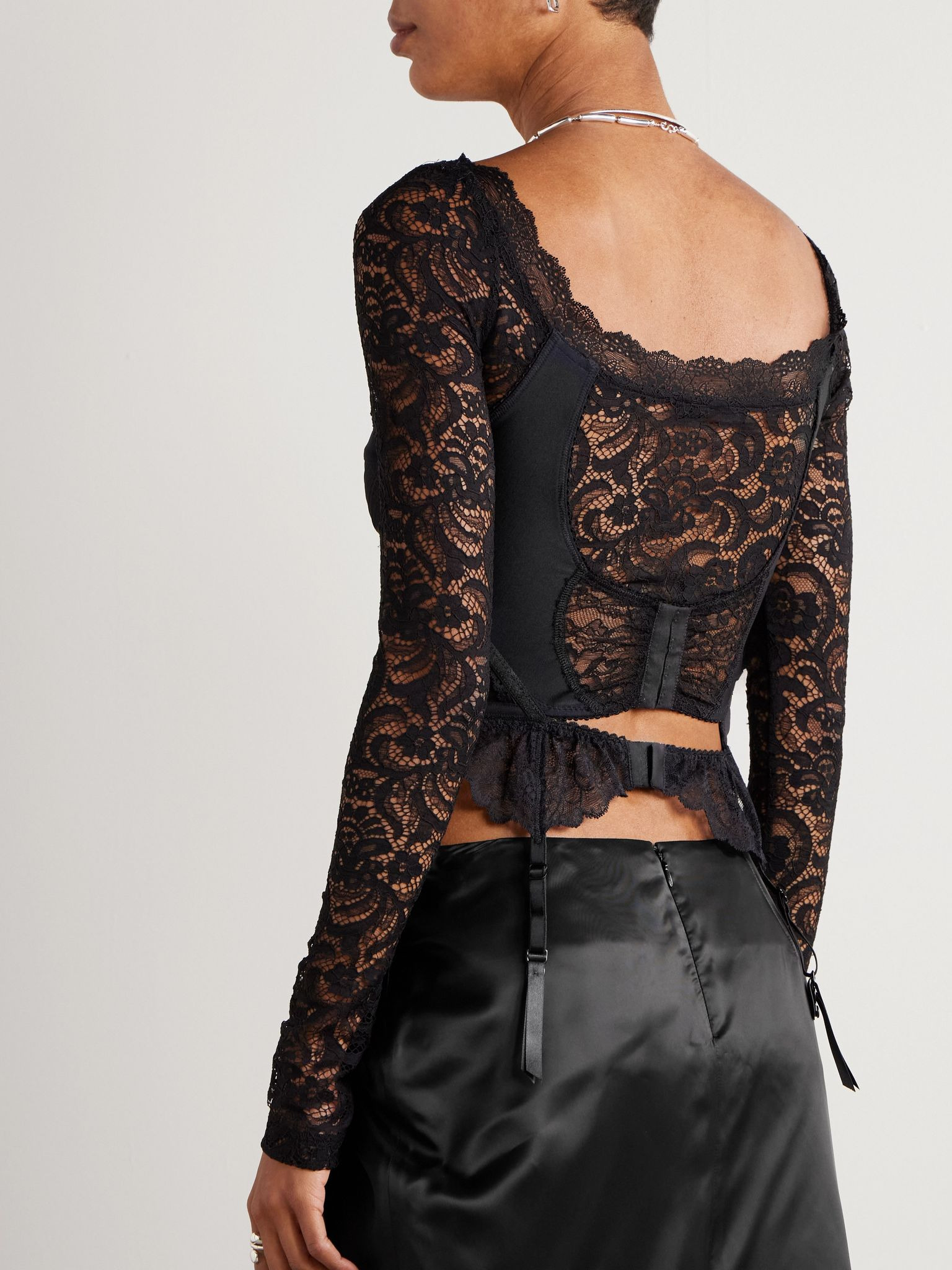 Cropped jersey and tulle-trimmed lace top Black - 3