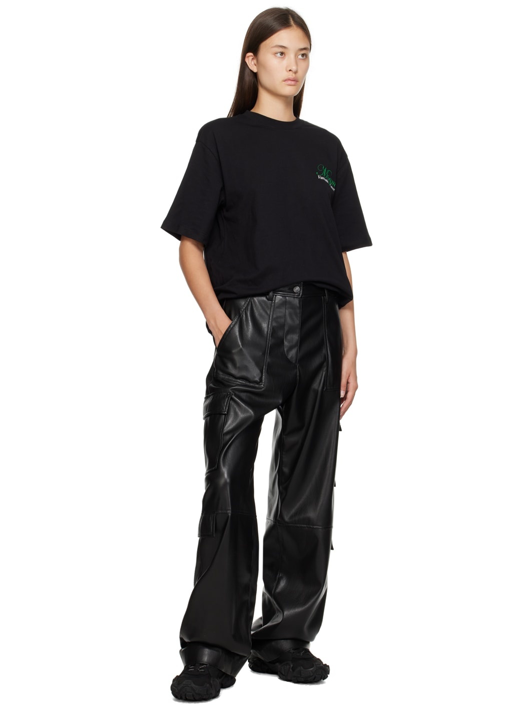 Black Cargo Pockets Faux-Leather Trousers - 4