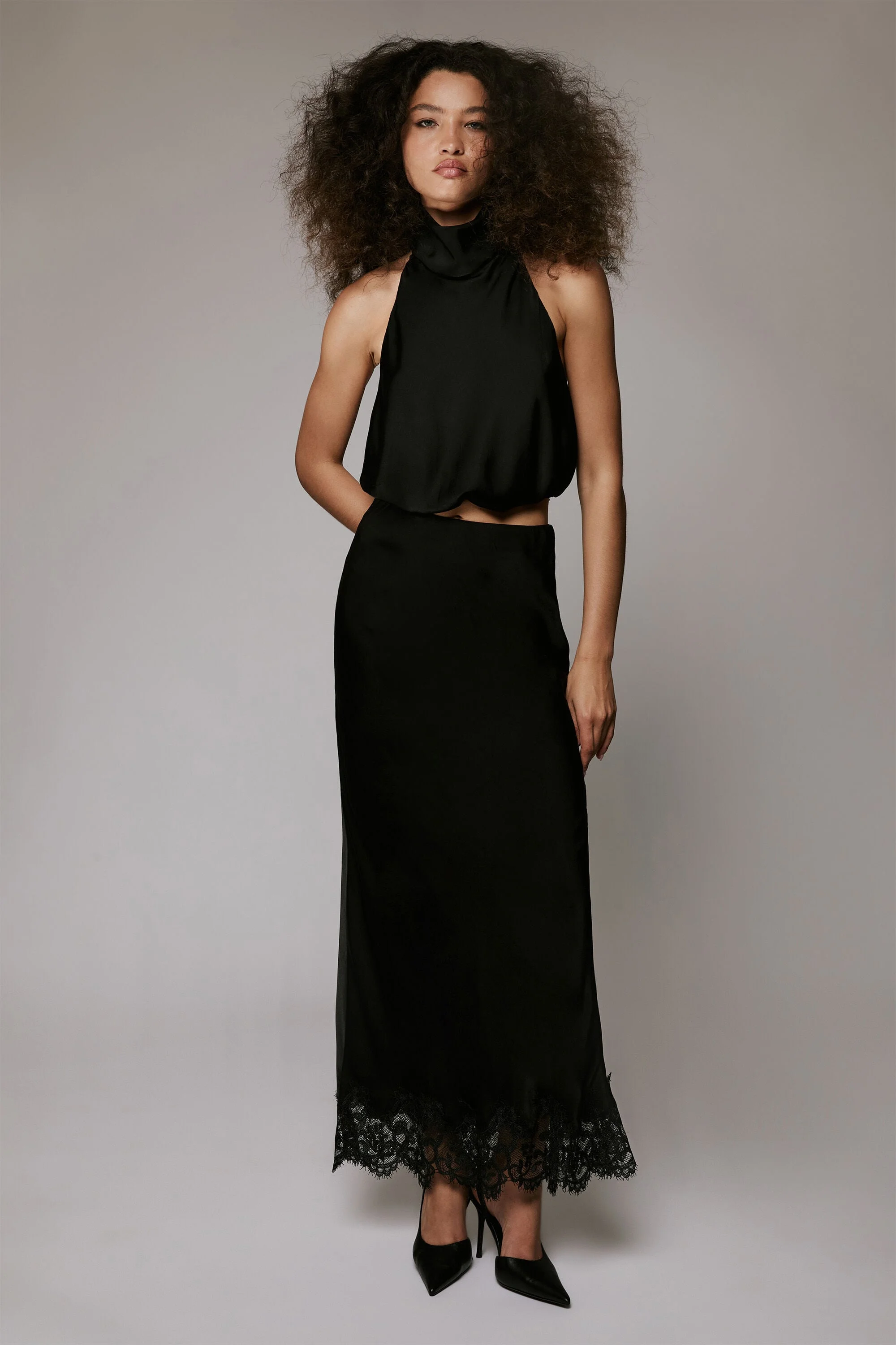 Elisan Lace Satin Midi Skirt In Black - 1