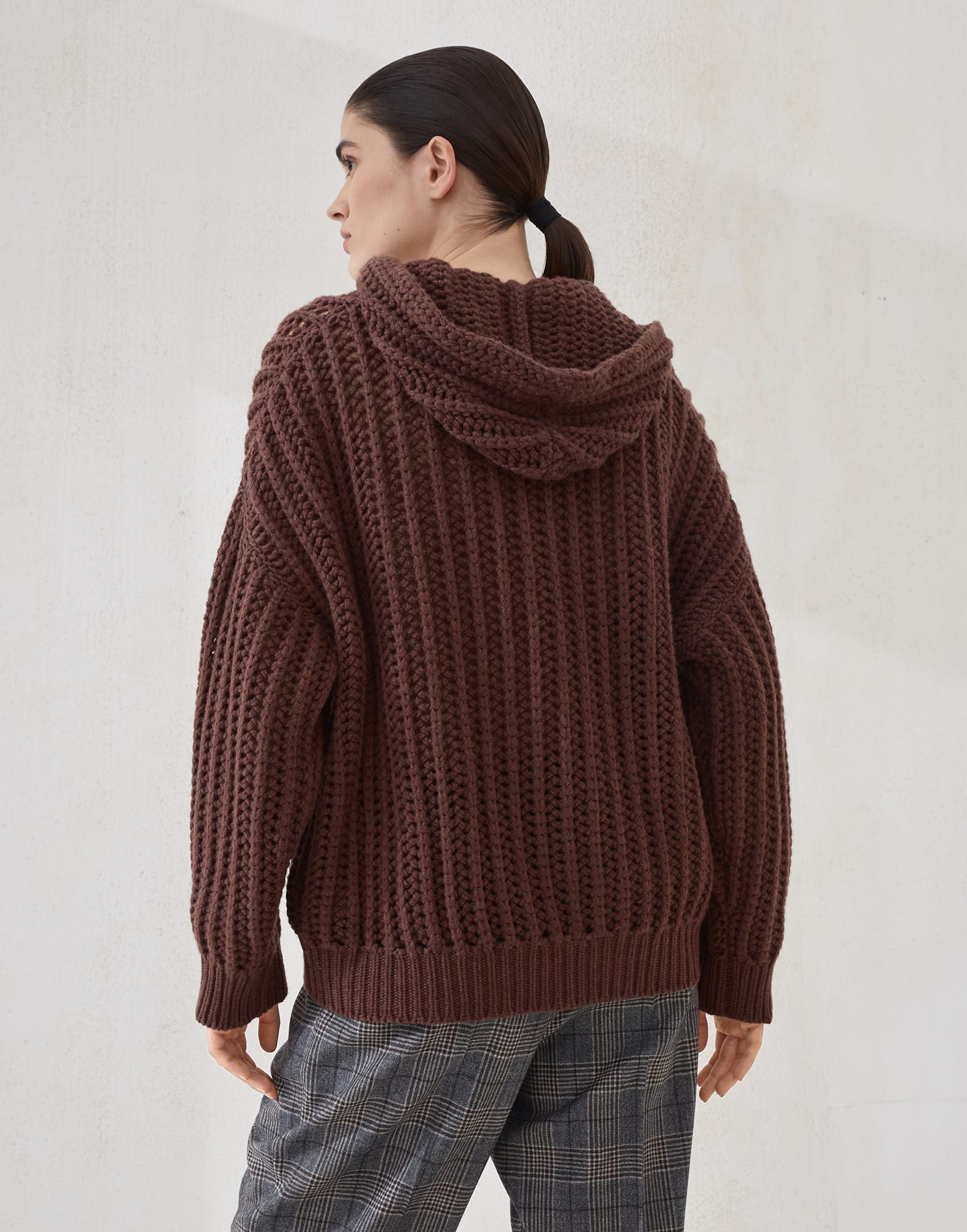 Openwork rib hooded cardigan in cashmere Feather yarn with shiny zipper pull - 2