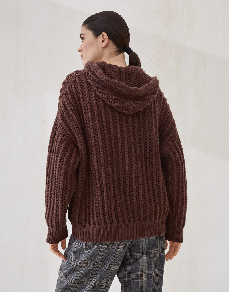 Brunello Cucinelli Openwork rib hooded cardigan in cashmere Feather yarn with shiny zipper pull outlook