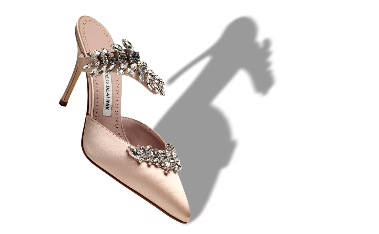 Light Beige Satin Crystal Embellished Mules - 2