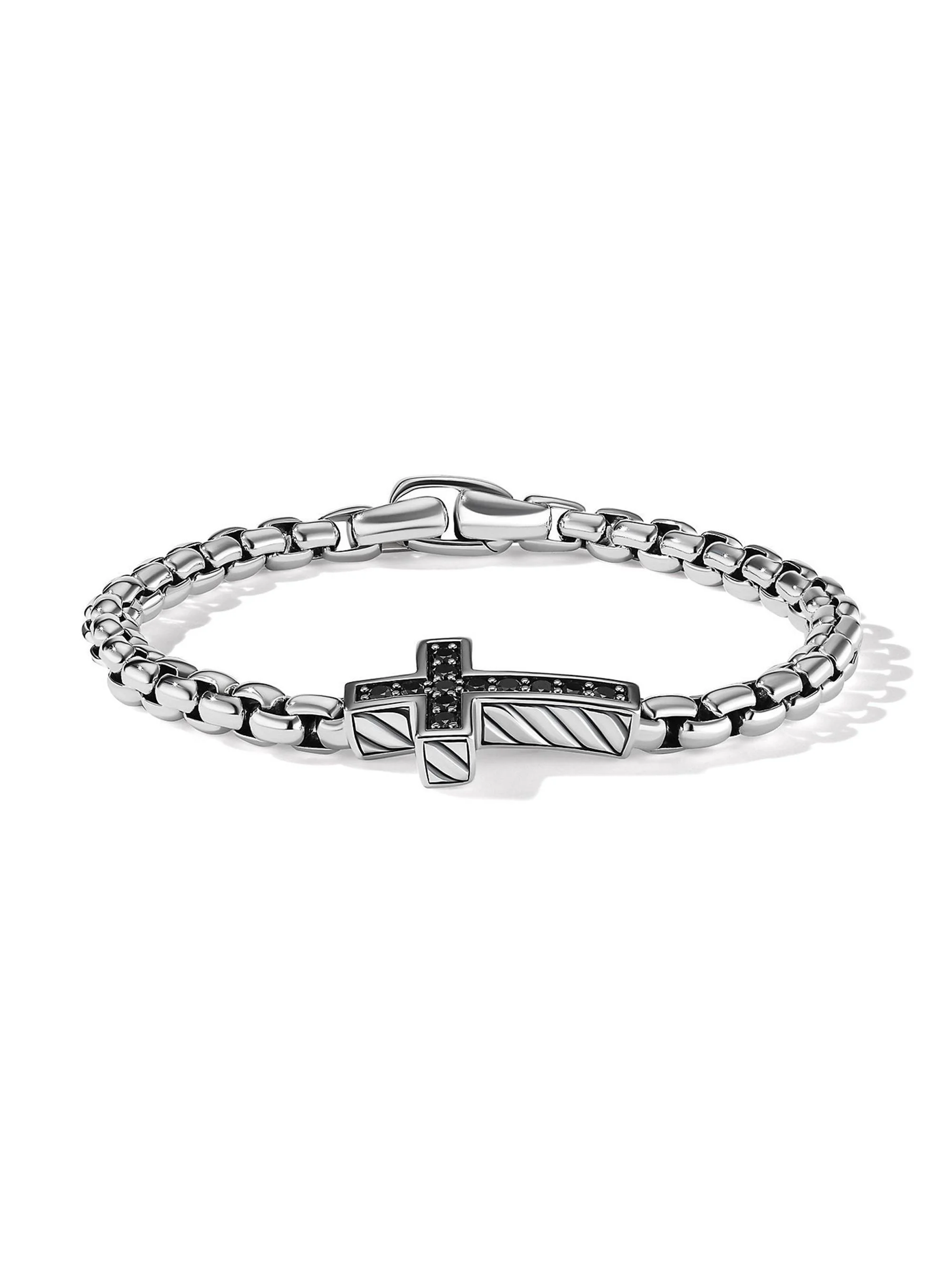 Men's Pavé Cross Bracelet in Sterling Silver - Black Diamond - 1