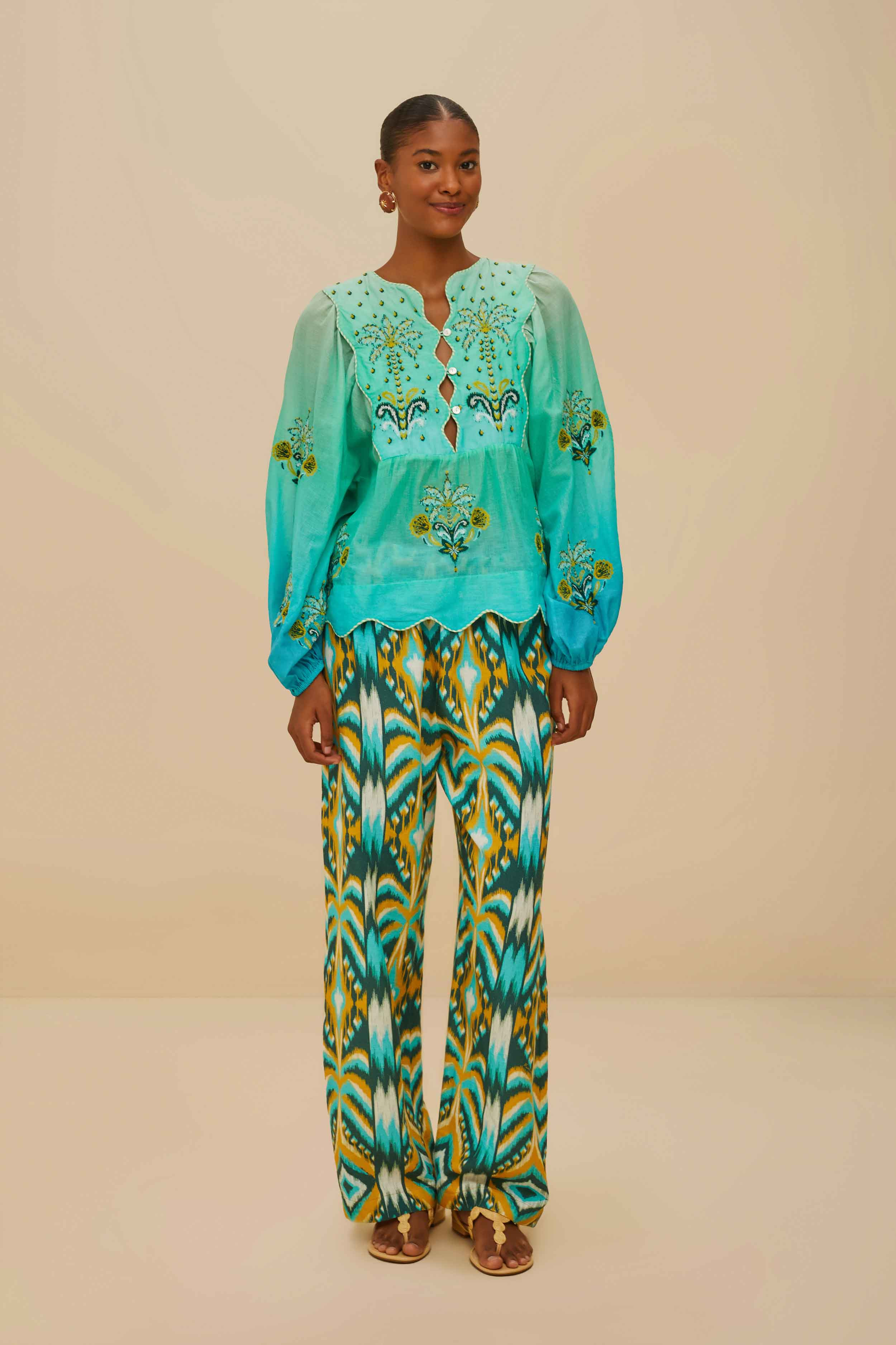 Turquoise Palm Tree Tapestry Blue Wavy Yoke Blouse - 2