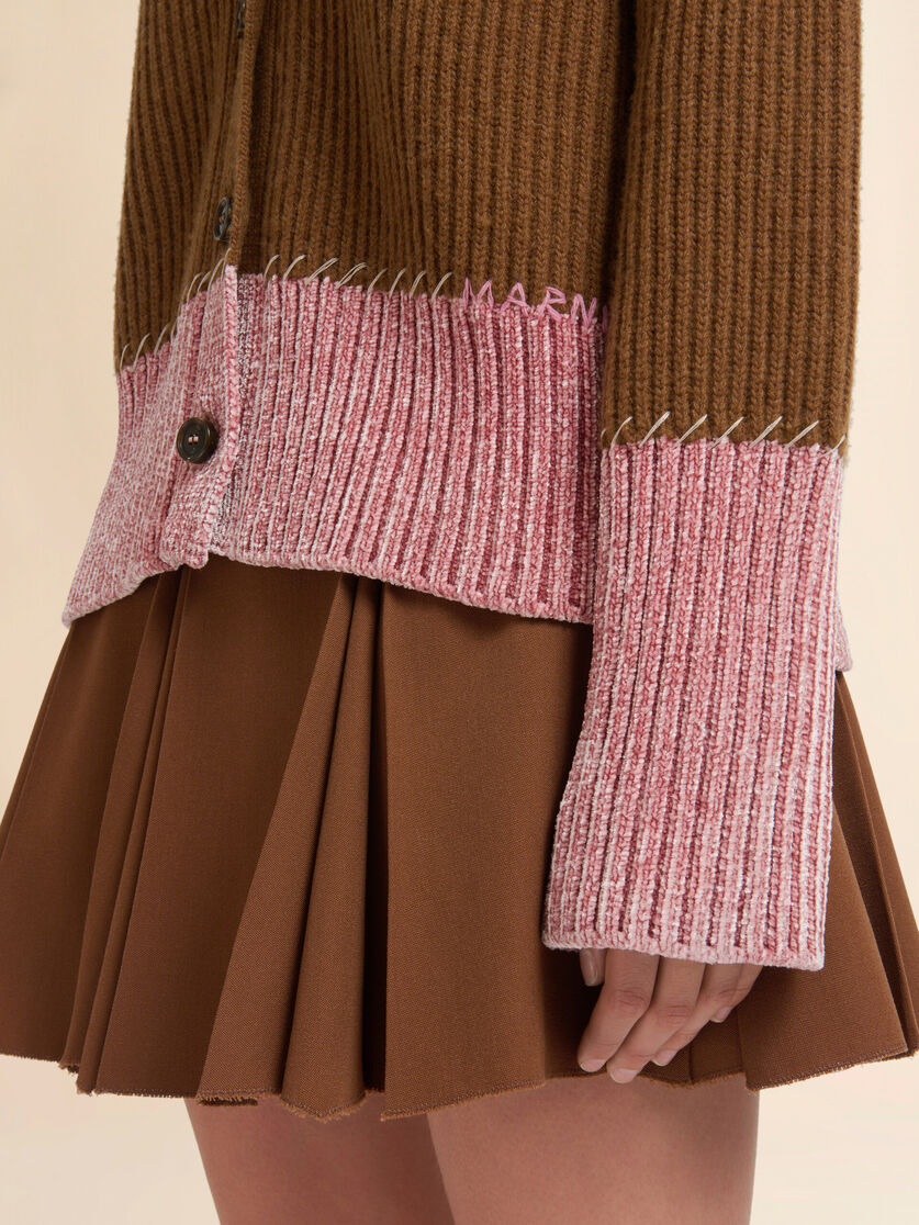 BROWN WOOL COLOR-BLOCK CARDIGAN - 4