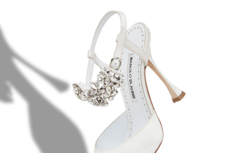 Cream Satin Embellished Ankle Strap Pumps 4