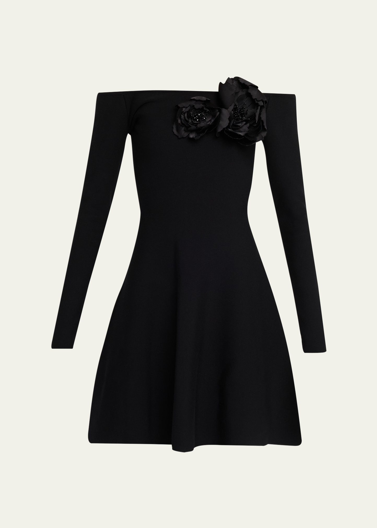 Off-The-Shoulder Flower Applique Long-Sleeve Knit Mini Dress - 1