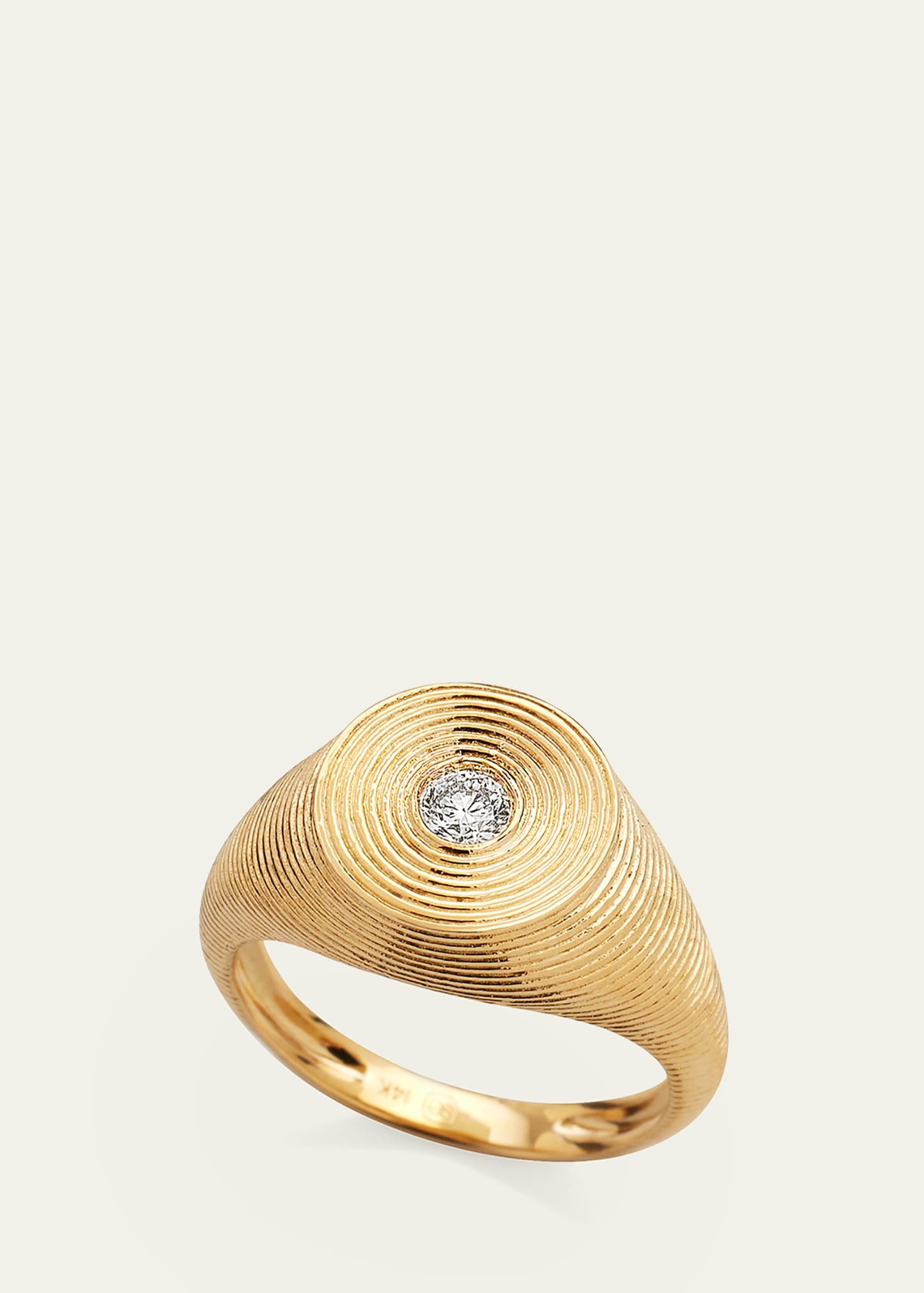 14K Gold Round Diamond Fluted Signet Ring - 3