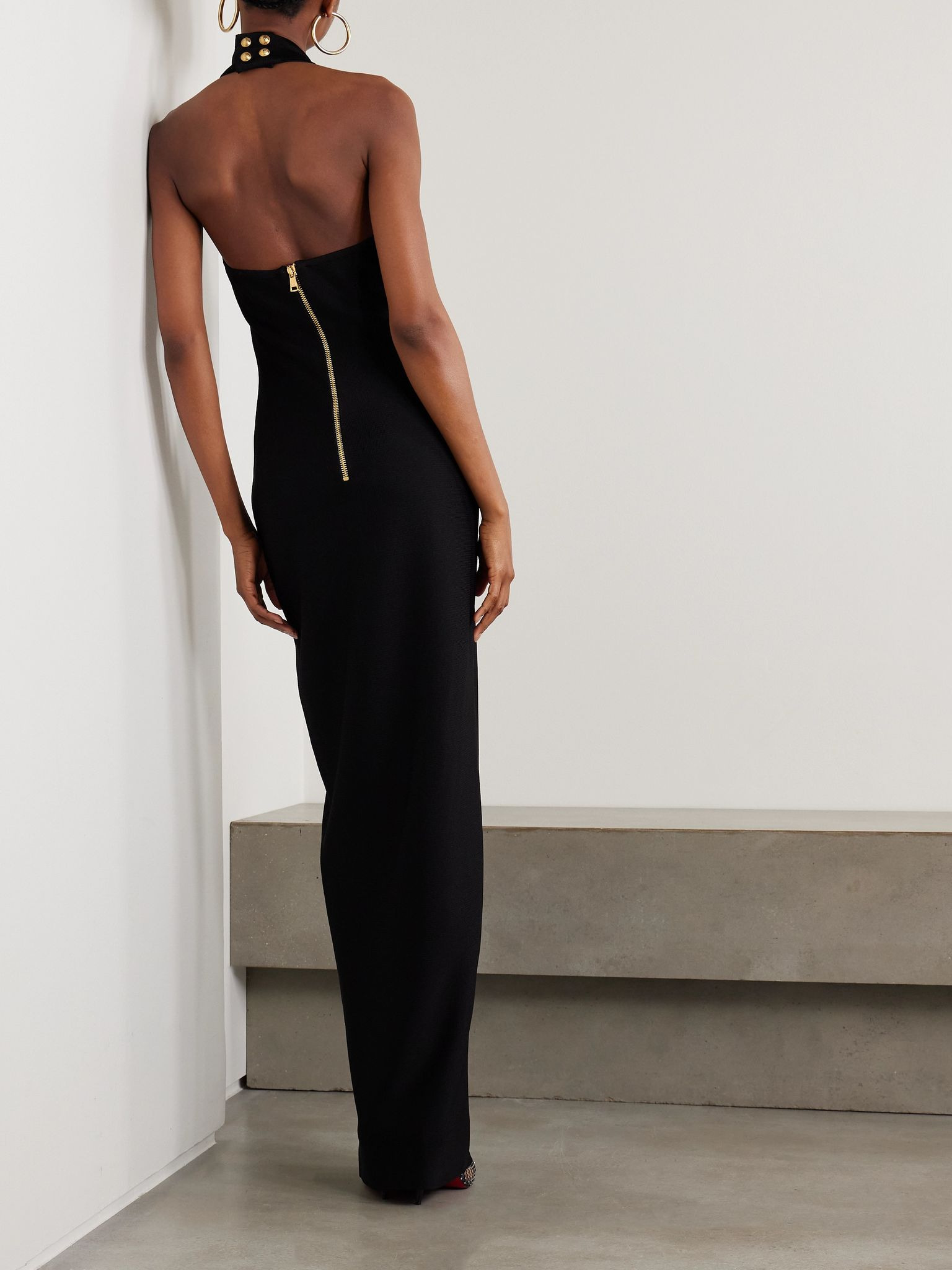 Button-embellished knitted halterneck maxi dress Black - 3