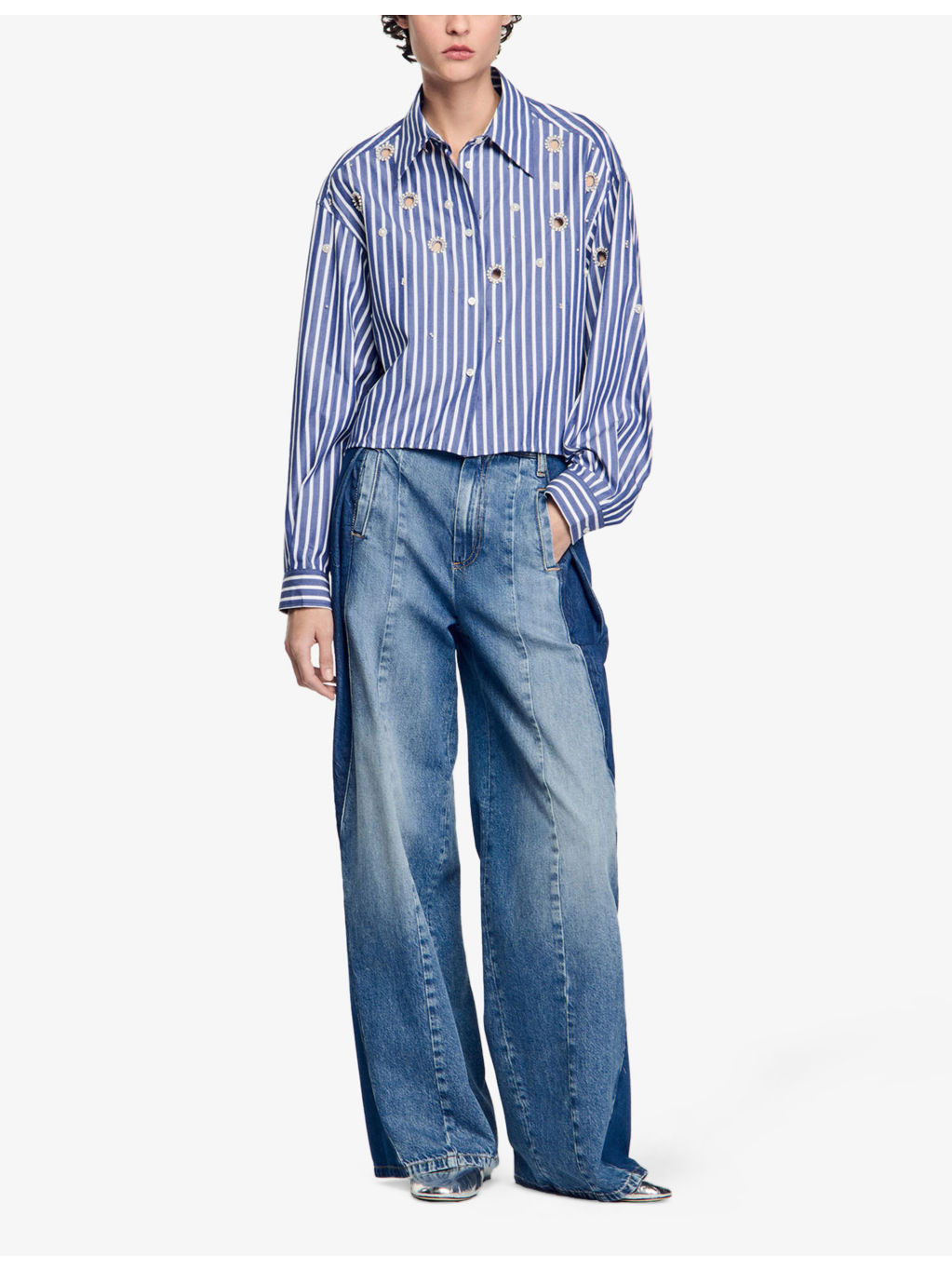 Striped rhinestone-embellished cotton shirt - 2