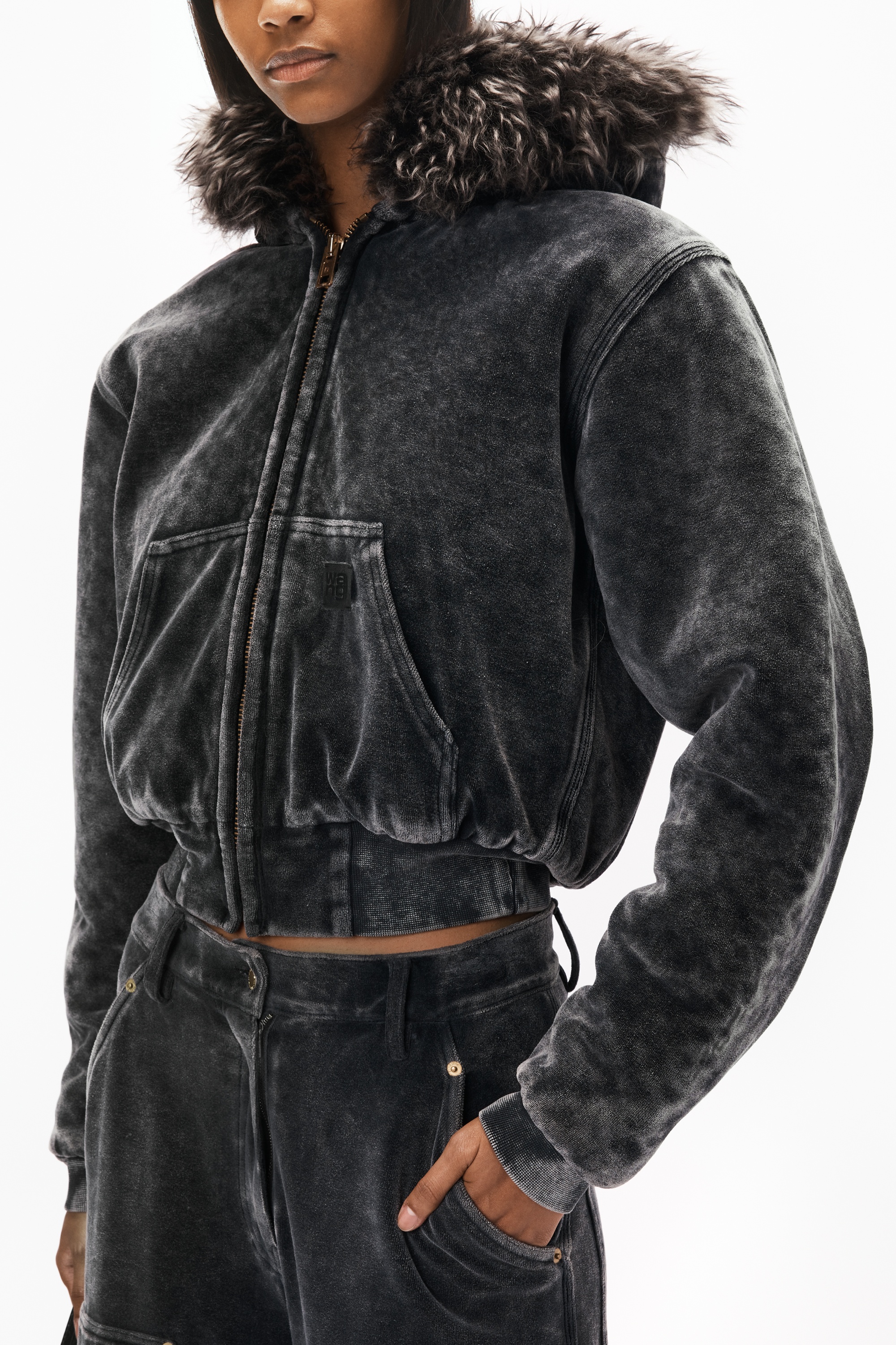 zip-up hoodie in velour with shearling hood - 3