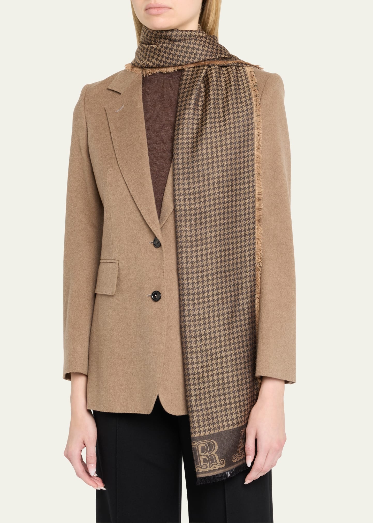 Logo Houndstooth Fringe Wool Scarf - 3