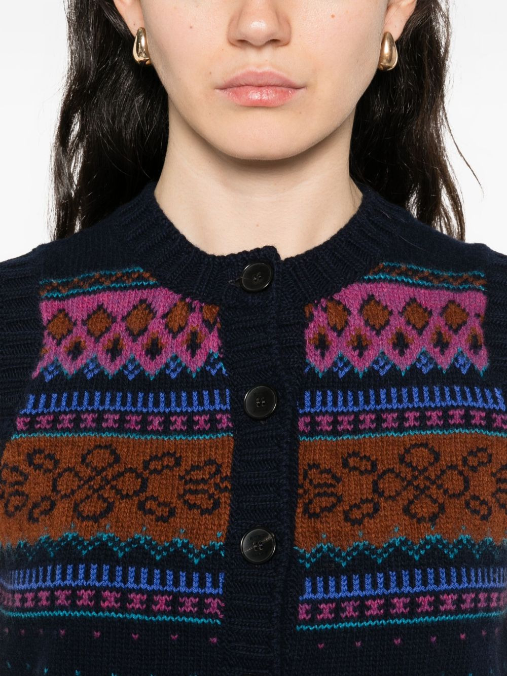 button-fastening patterned wool cardigan - 5
