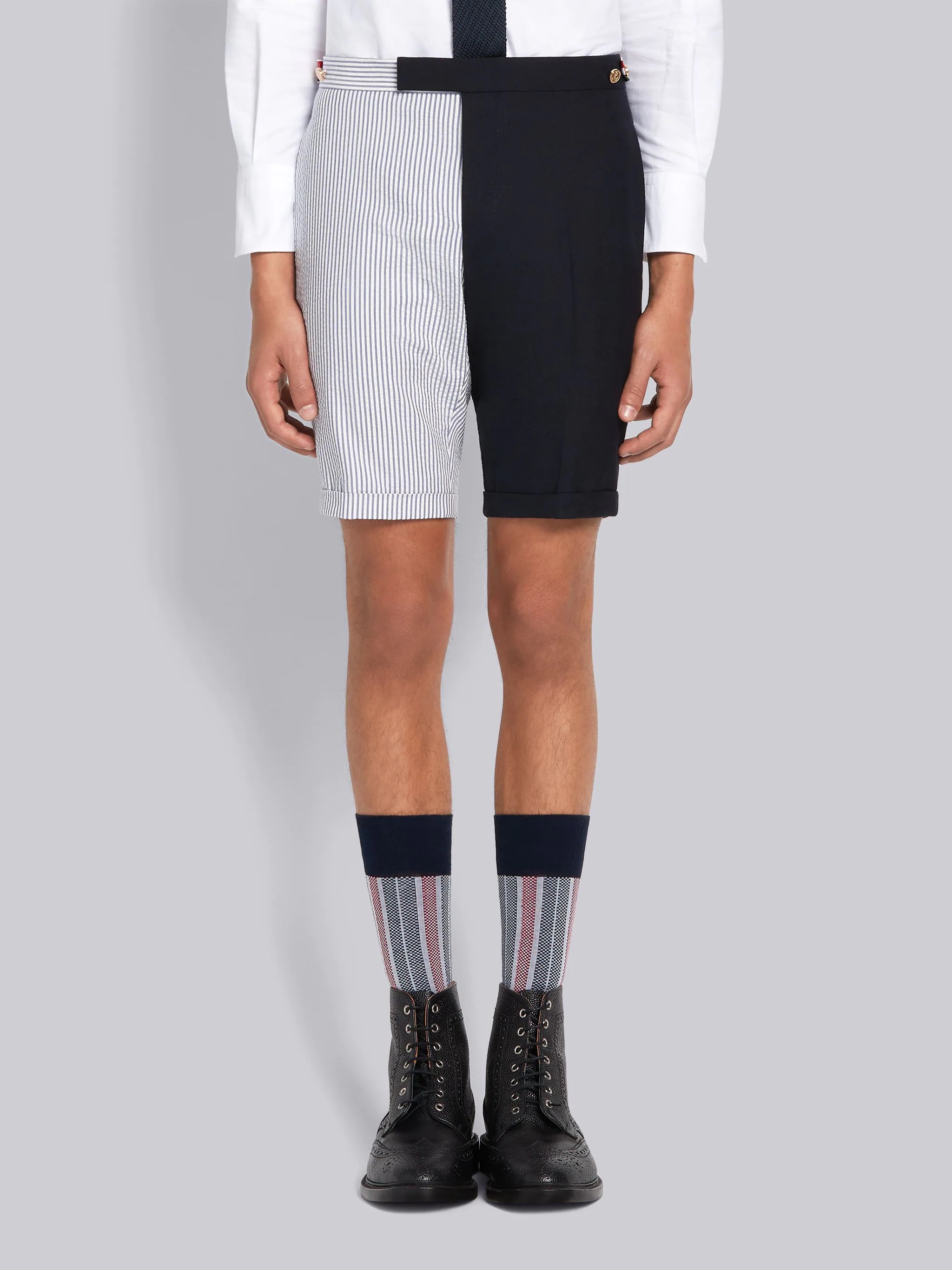 Navy Cotton Seersucker Stripe Funmix Side Tab Skinny Short - 1