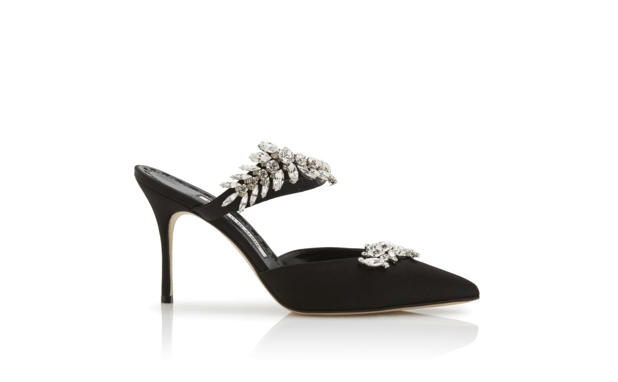 Black Satin Crystal Embellished Mules - 1