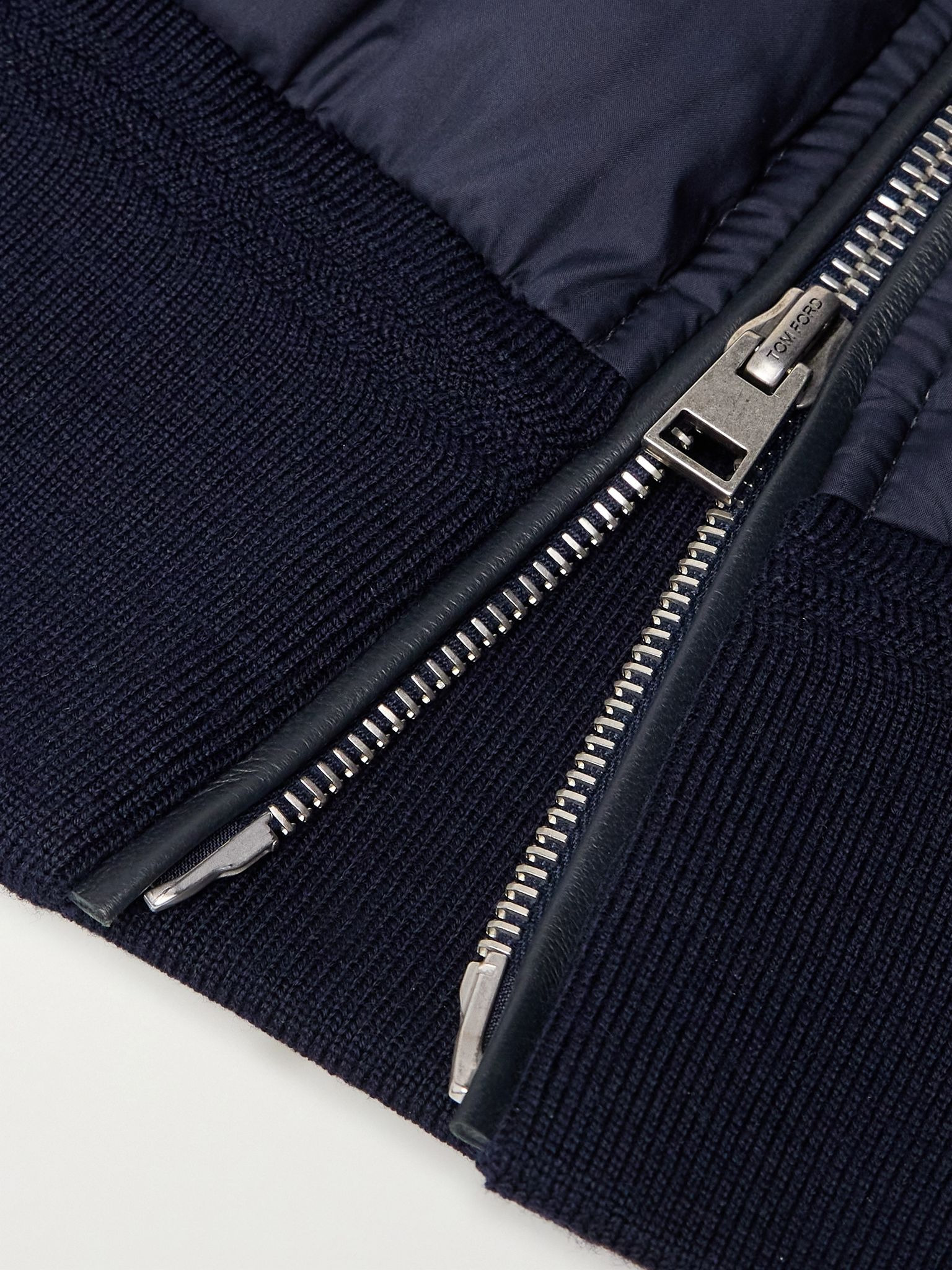 Leather-Trimmed Quilted Shell and Wool Down Jacket Navy - 5