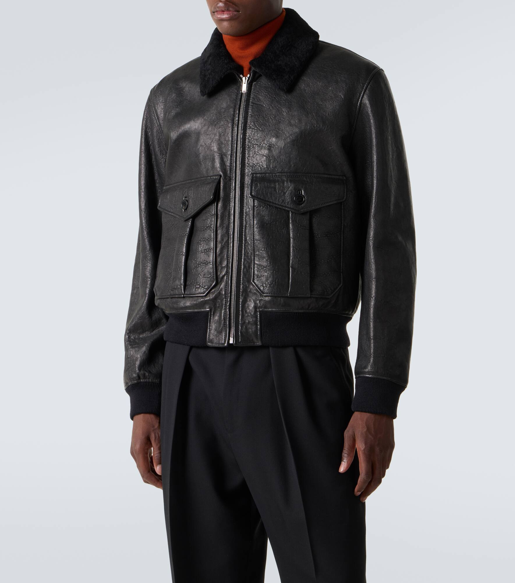 Shearling-trimmed leather bomber jacket - 3