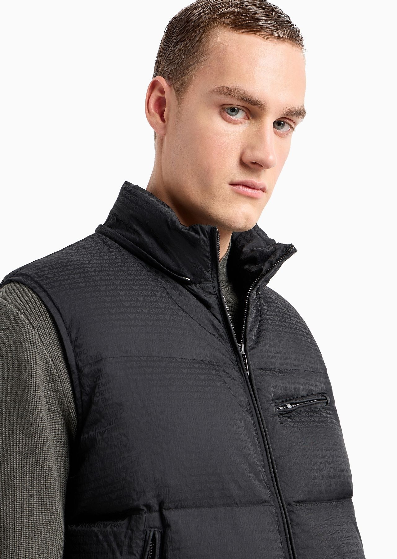 Zipped, hooded sleeveless down jacket in jacquard nylon with all-over logo lettering - 5